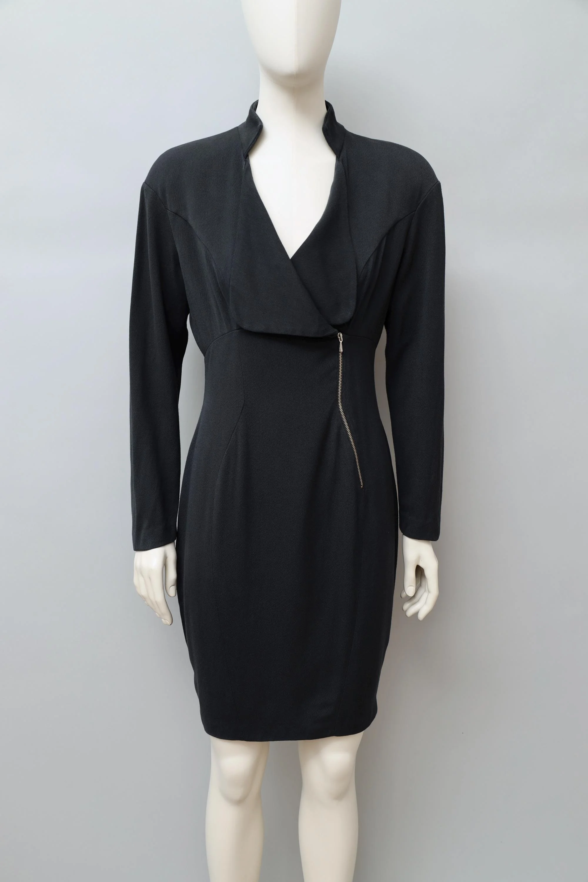late 1980s / early 1990s Thierry Mugler Activ black wool zip front dress