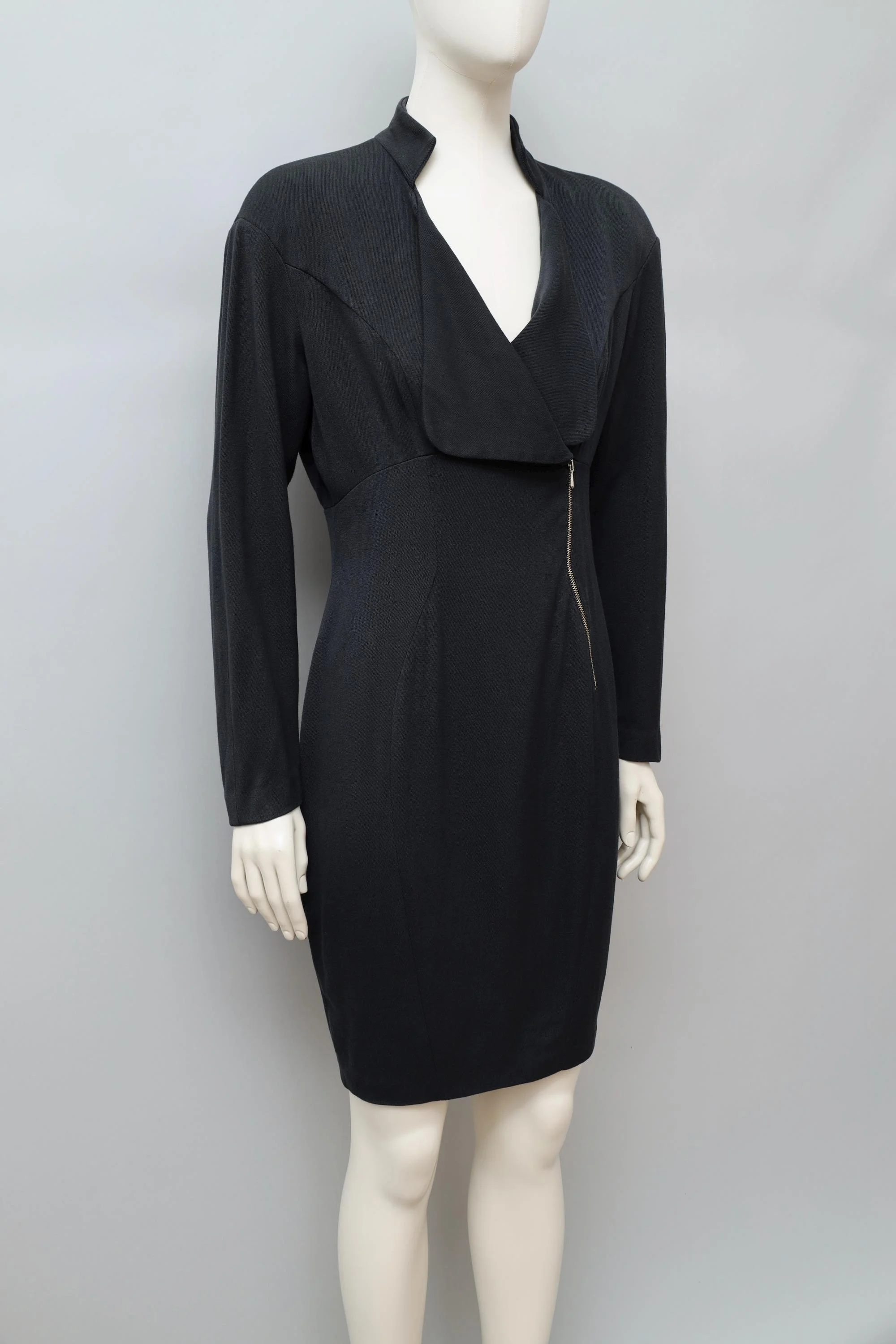 late 1980s / early 1990s Thierry Mugler Activ black wool zip front dress