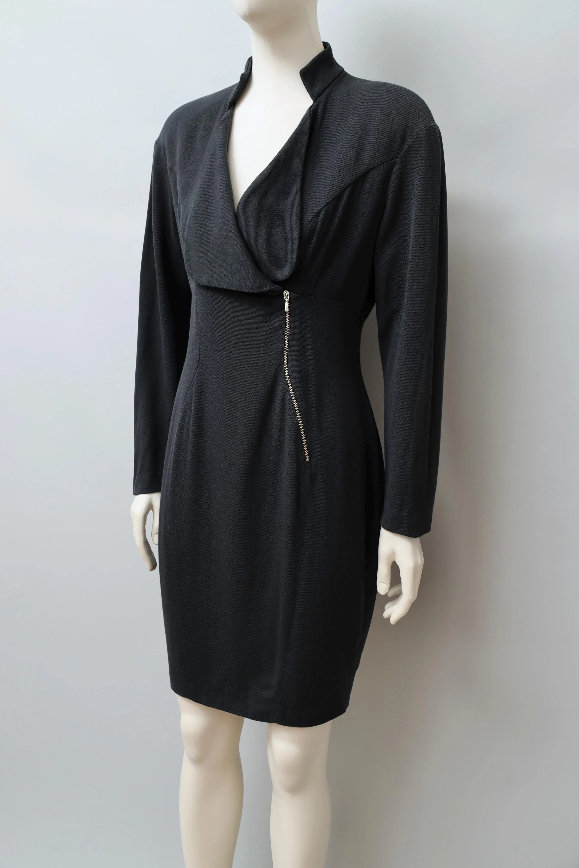 late 1980s / early 1990s Thierry Mugler Activ black wool zip front dress