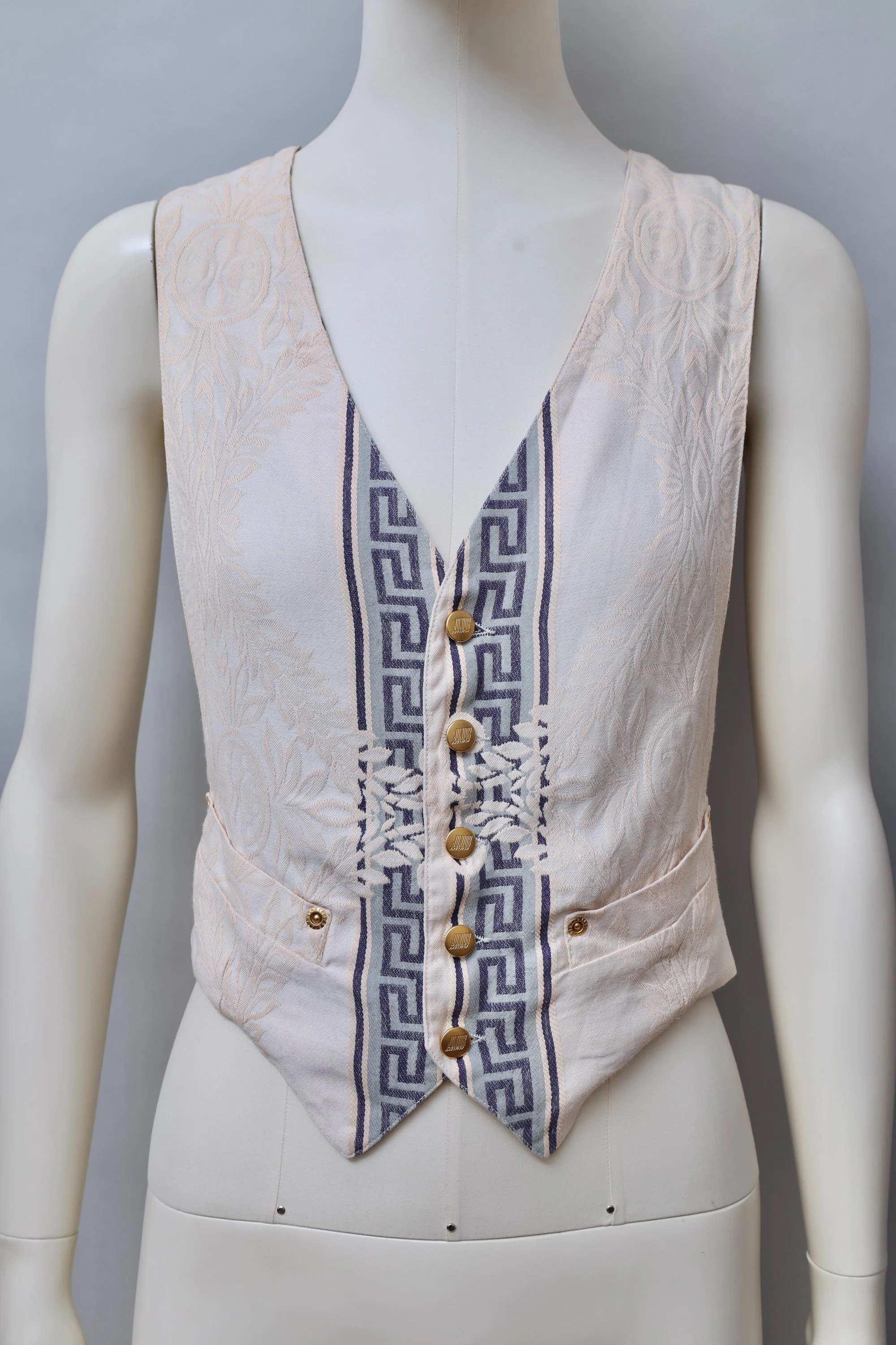 S/S 1989 Junior Gaultier cream and blue Grecian brocade waistcoat