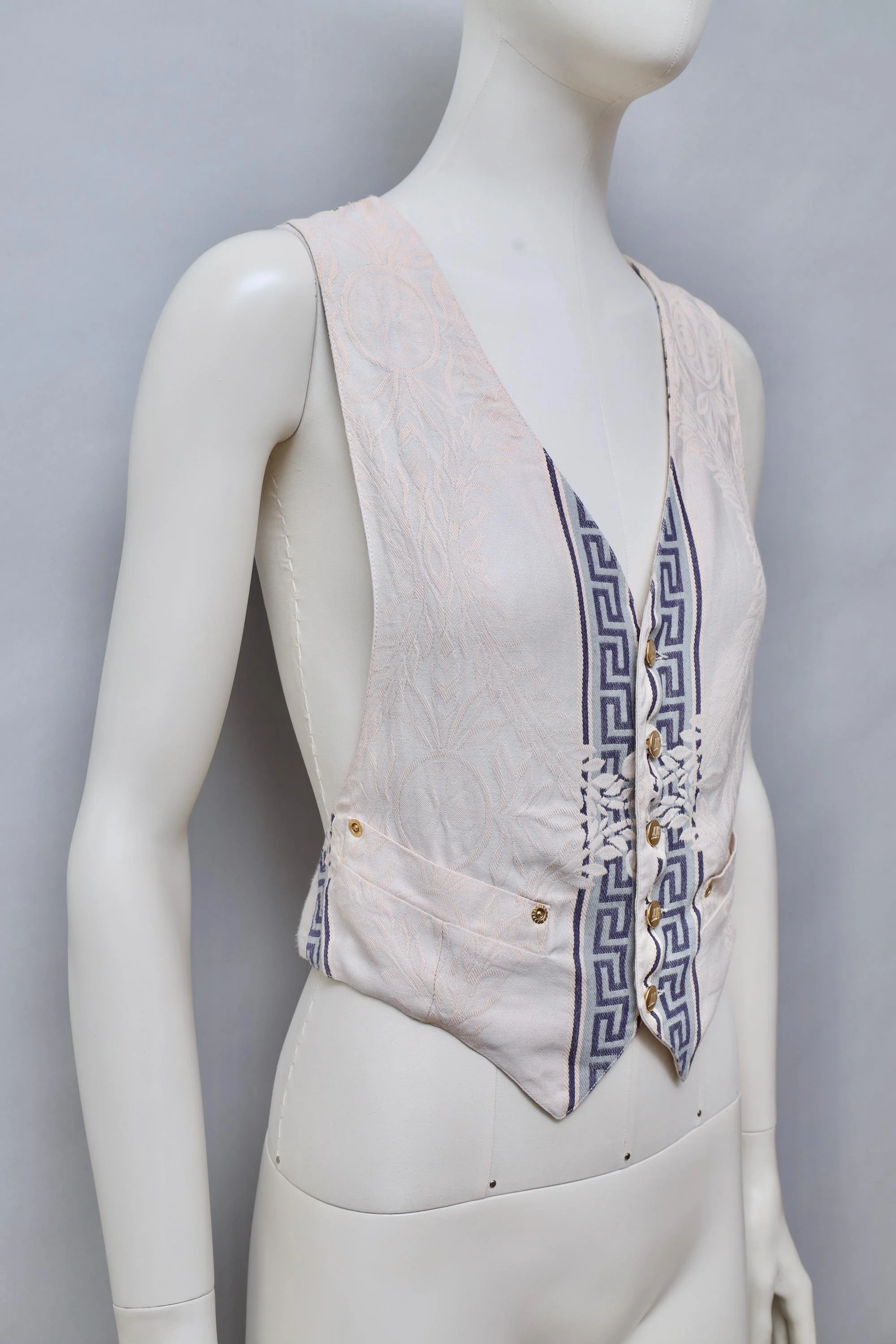 S/S 1989 Junior Gaultier cream and blue Grecian brocade waistcoat