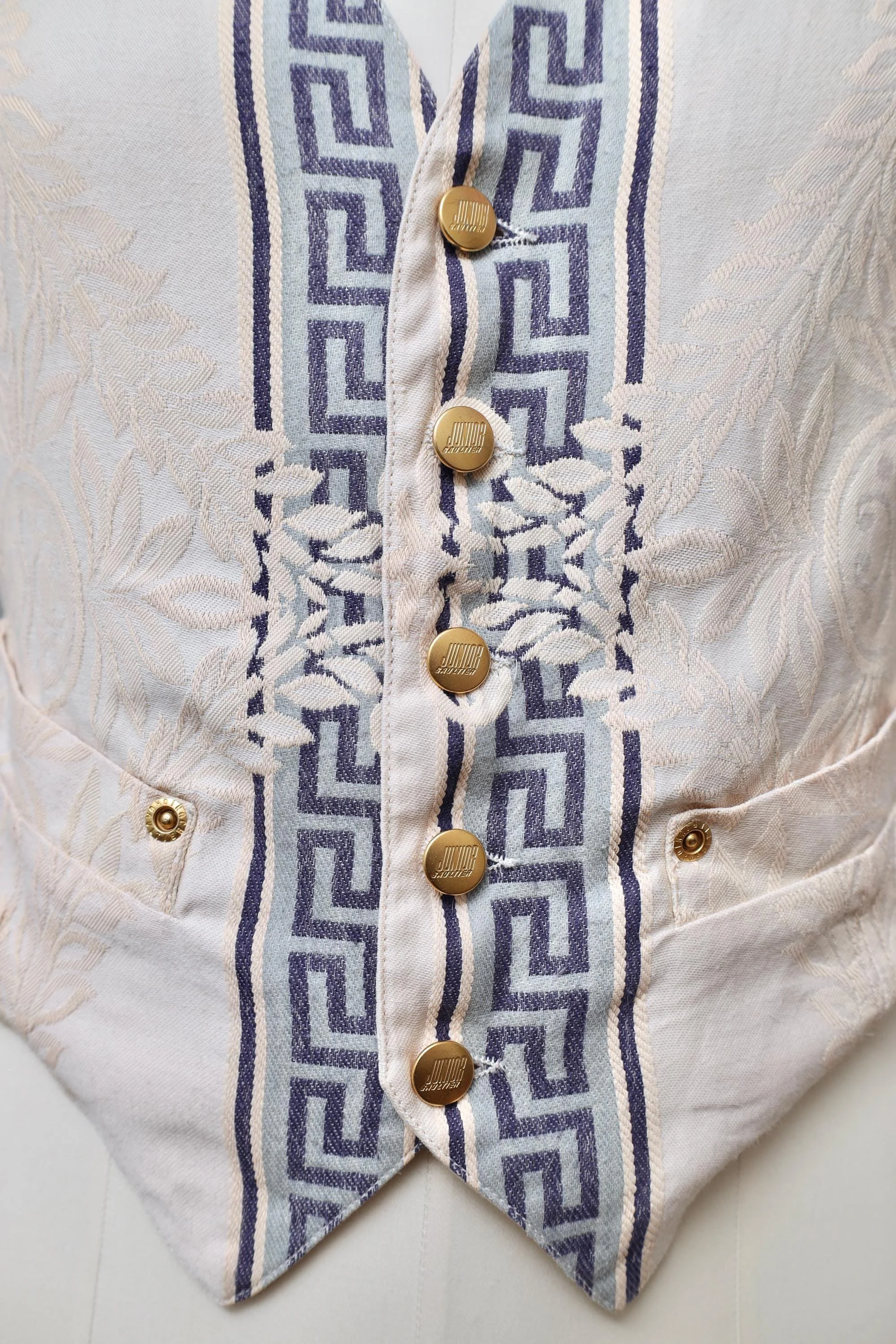 S/S 1989 Junior Gaultier cream and blue Grecian brocade waistcoat gold buttons