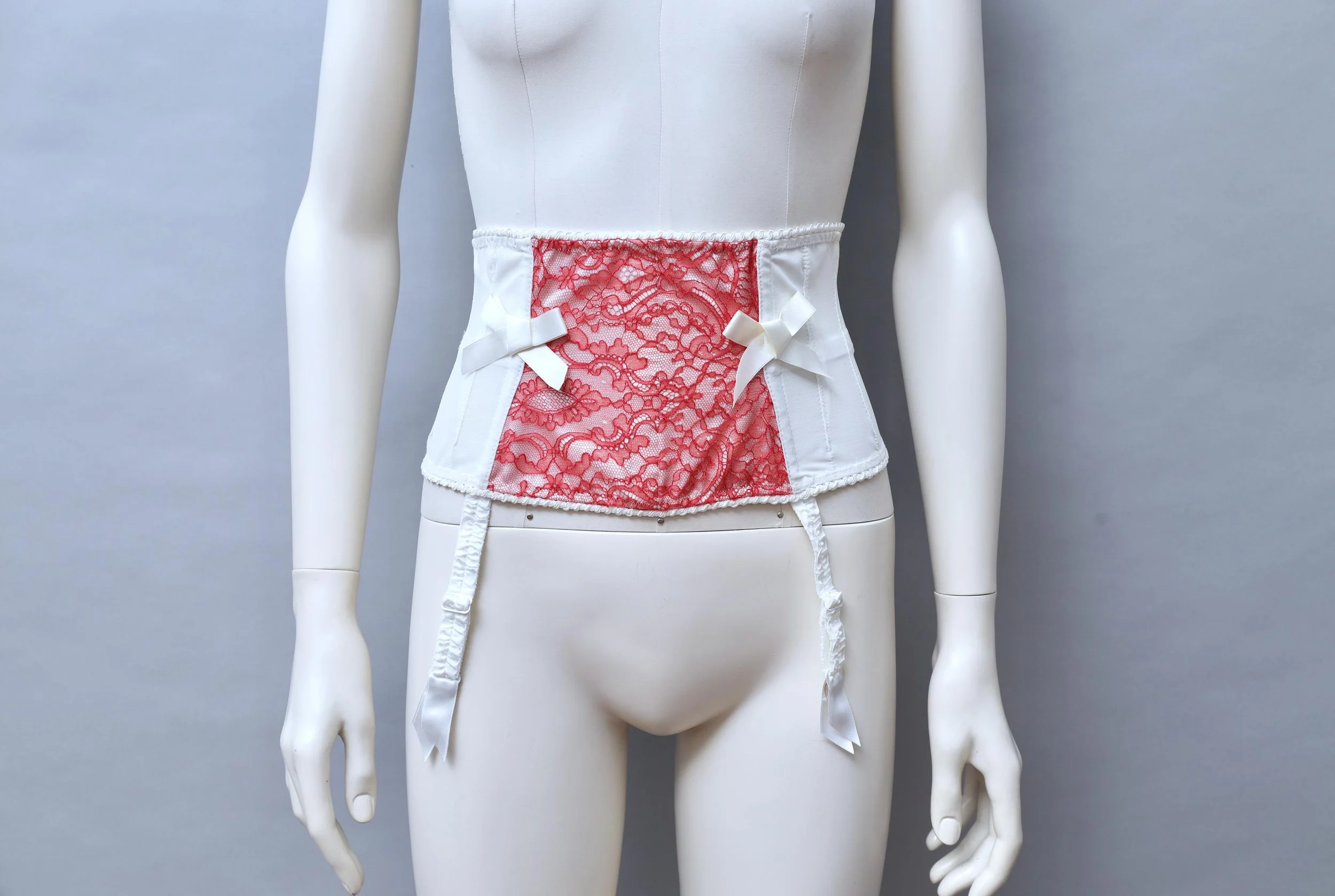 2000s Cadolle red leavers lace and white satin boned waist cincher