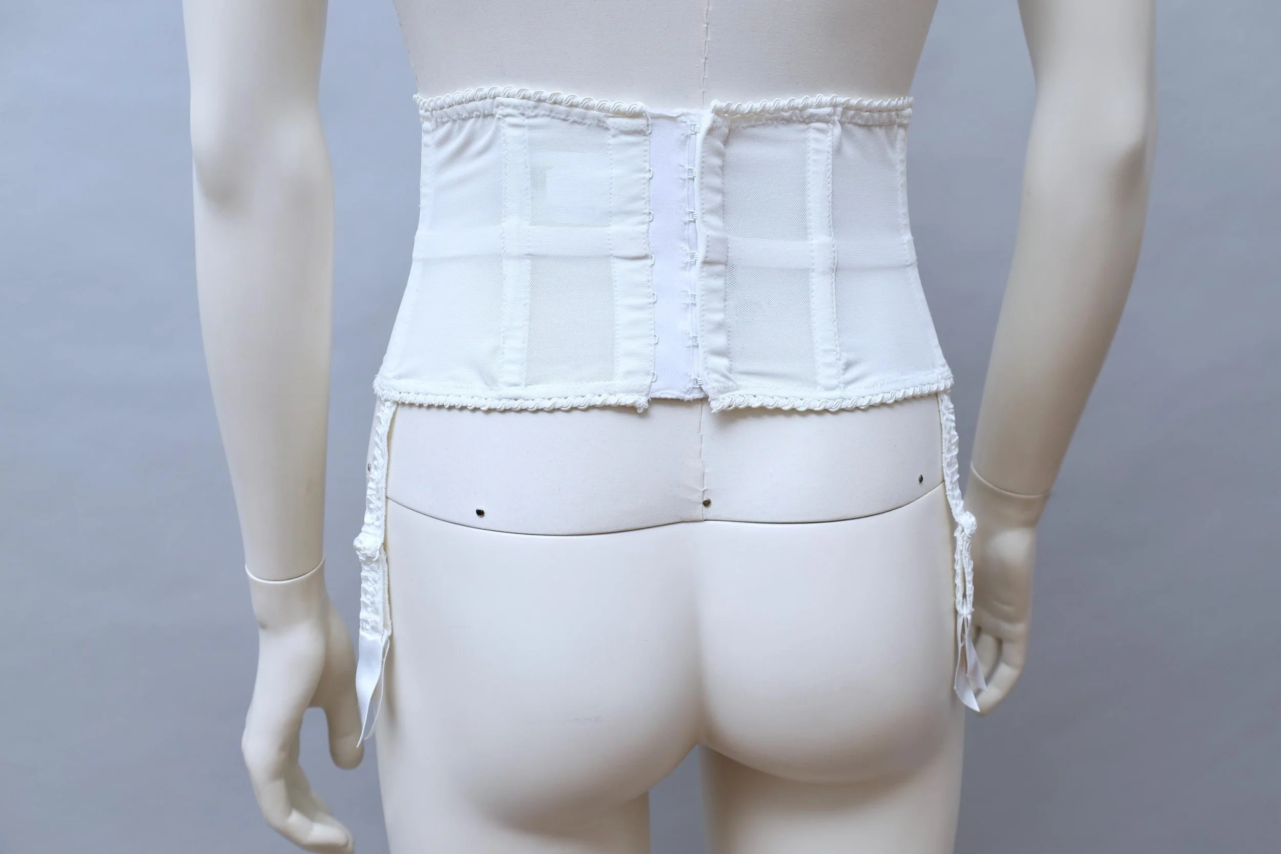 2000s Cadolle red leavers lace and white satin boned waist cincher