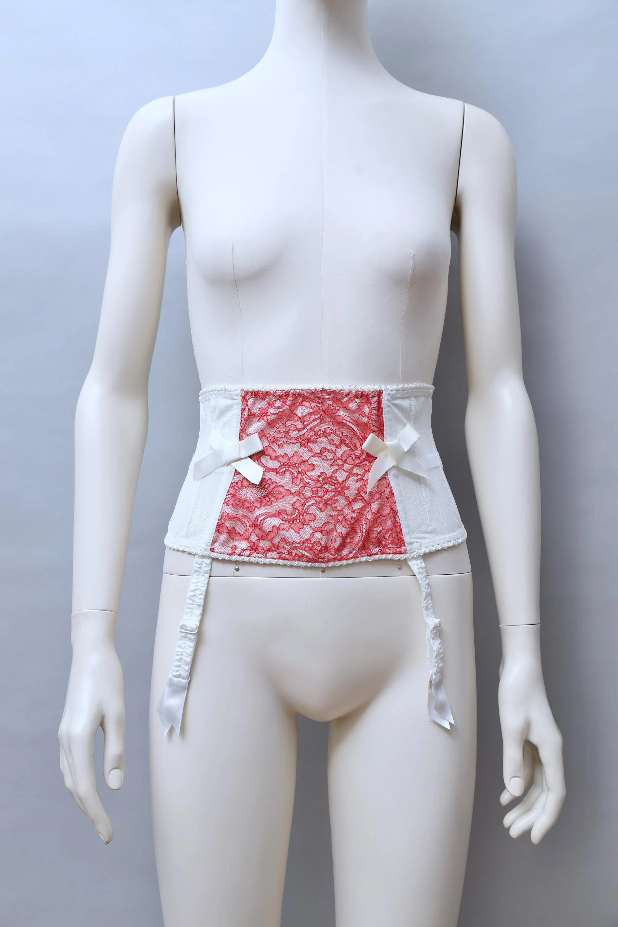 2000s Cadolle red leavers lace and white satin boned waist cincher