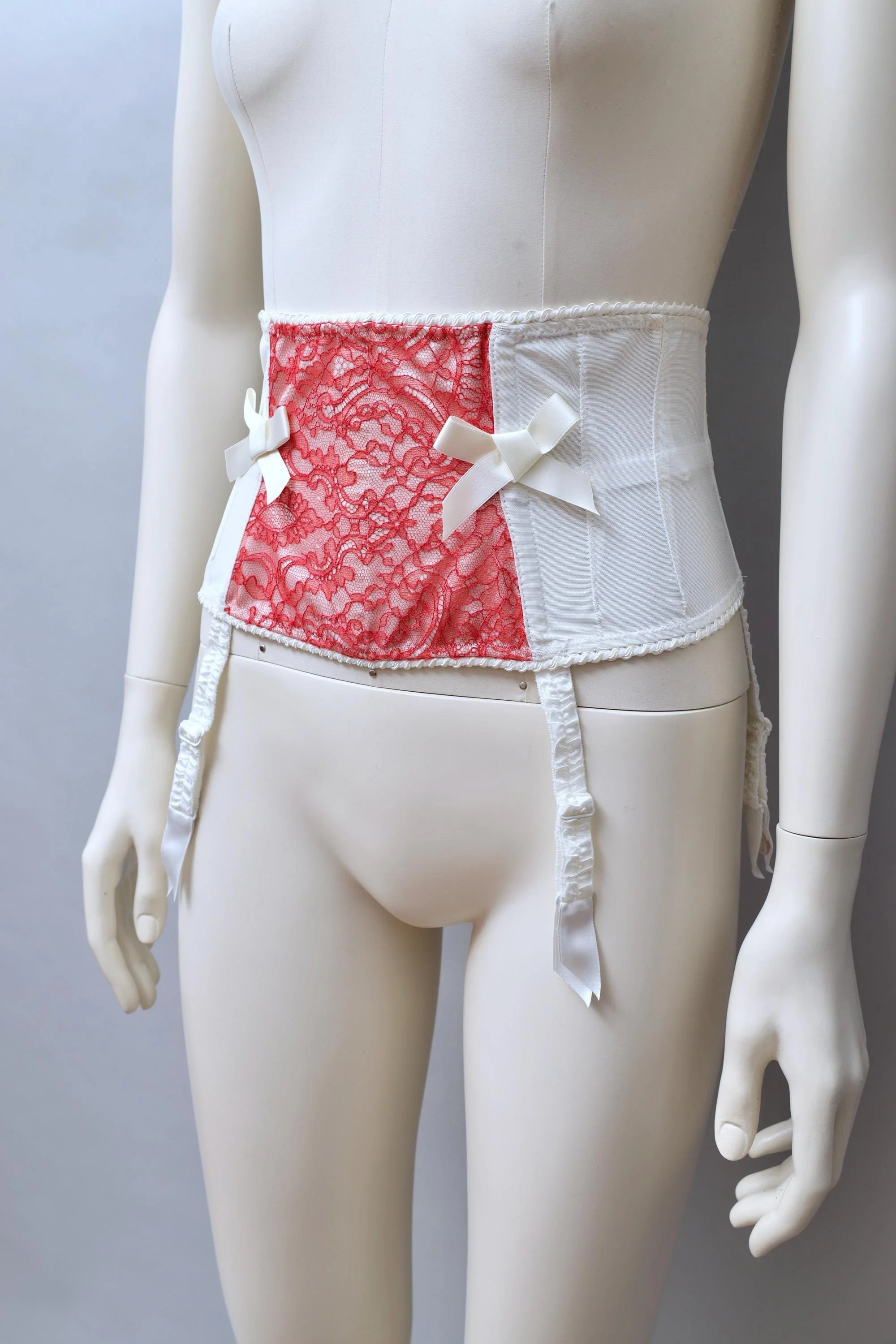 2000s Cadolle red leavers lace and white satin boned waist cincher