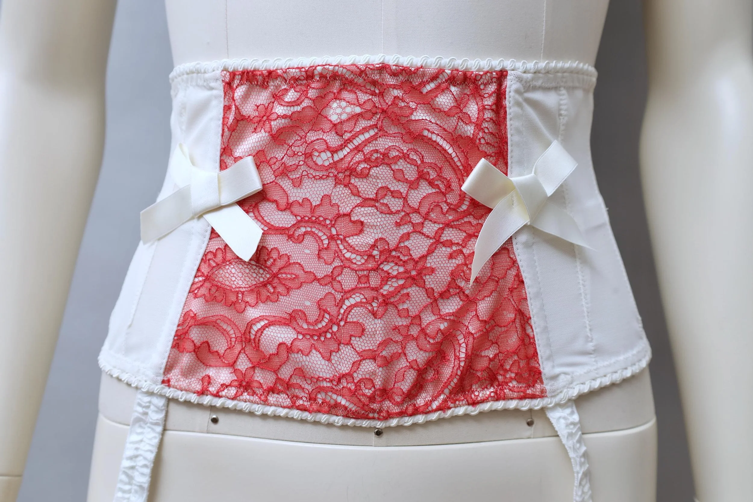 2000s Cadolle red leavers lace and white satin boned waist cincher