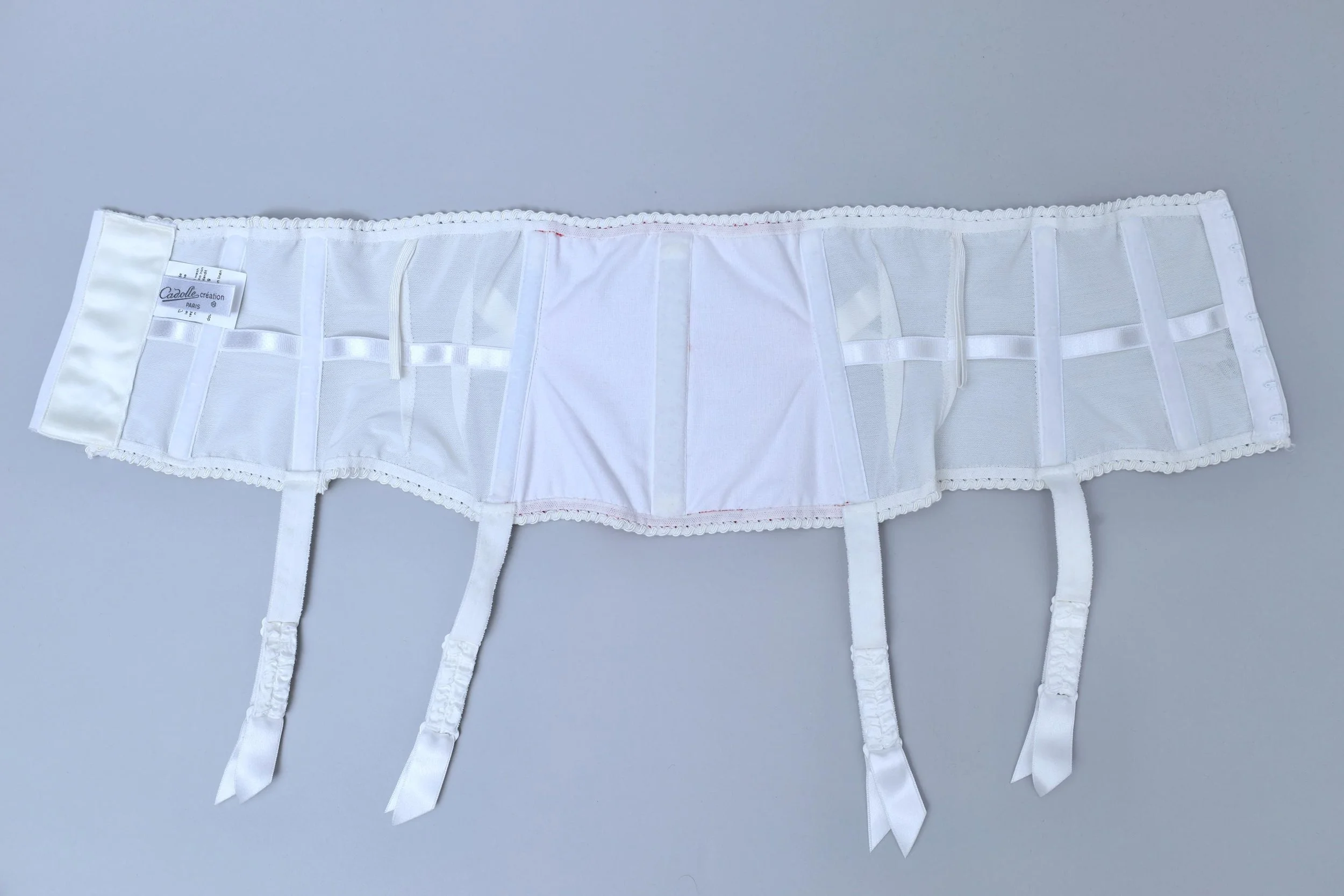 2000s Cadolle red leavers lace and white satin boned waist cincher