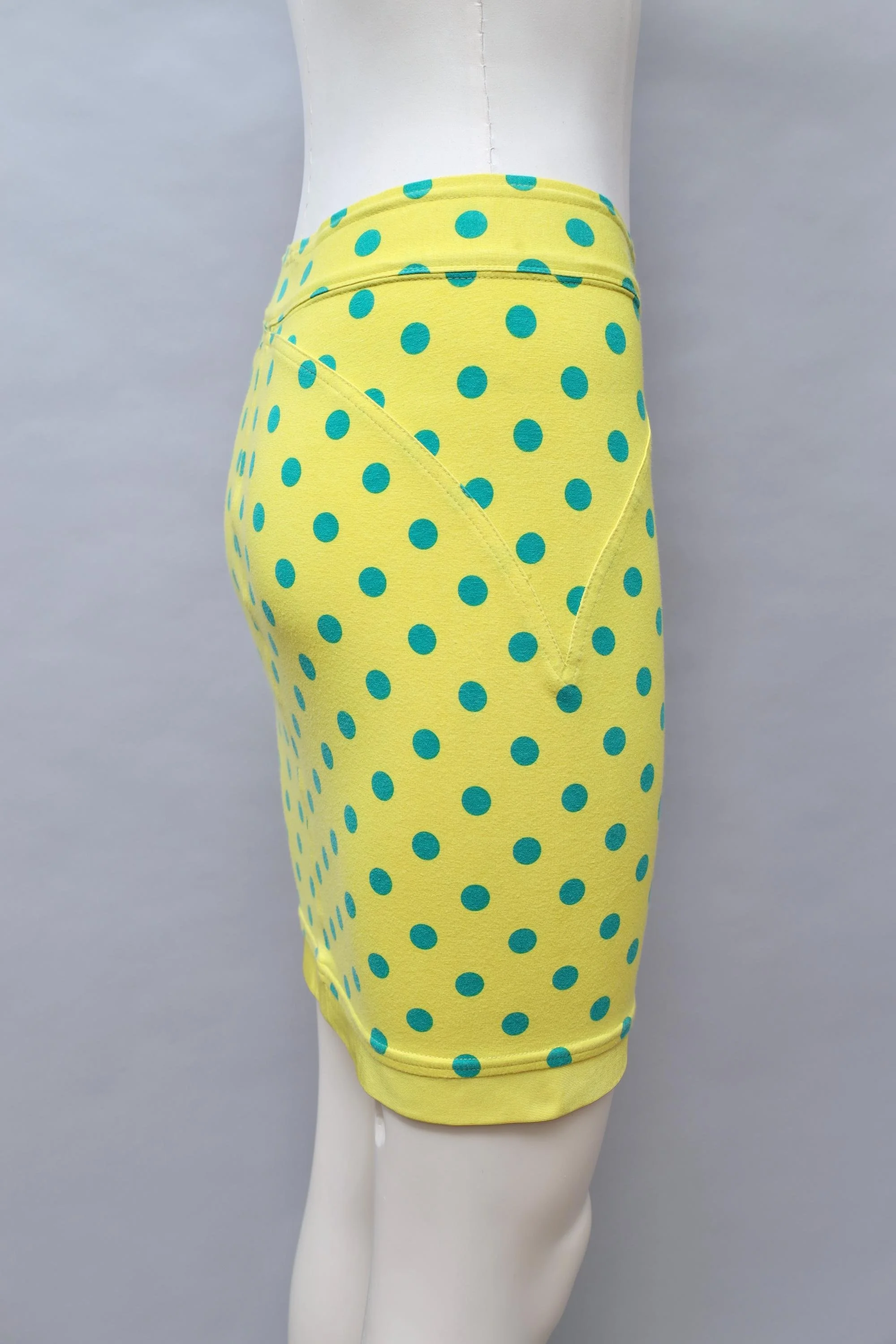 early 1990s Gianni Versace yellow and green polka dot stretch skirt