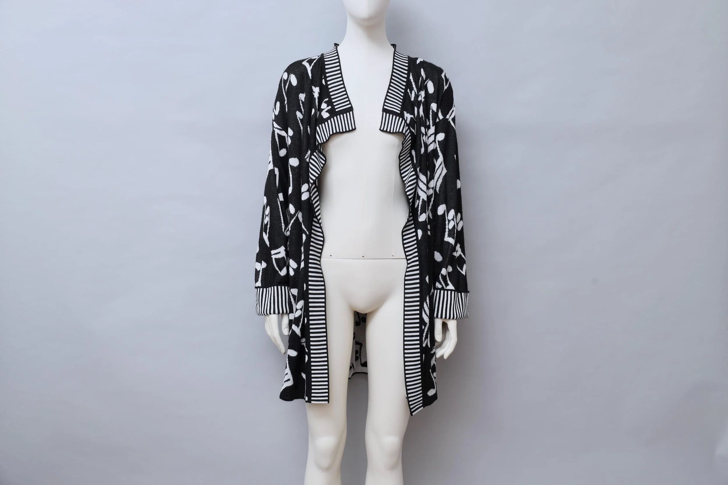 S/S 1989 Patrick Kelly Paris black and white musical note knit cardigan