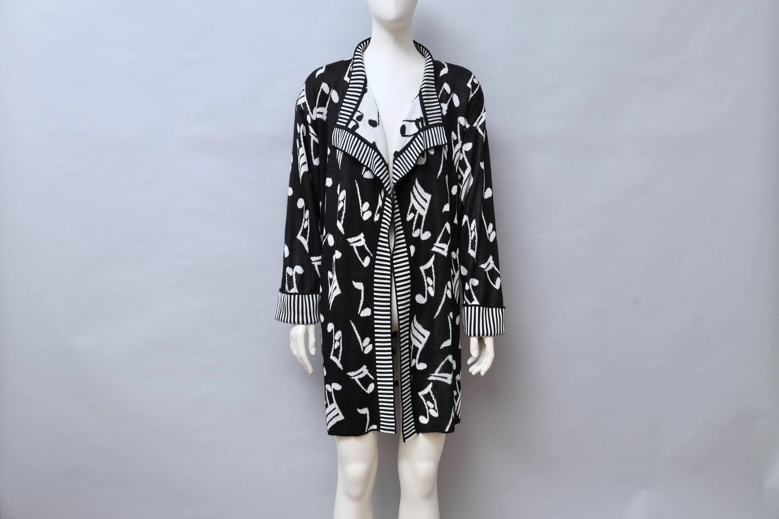 S/S 1989 Patrick Kelly Paris black and white musical note knit cardigan