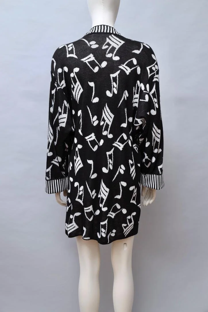 S/S 1989 Patrick Kelly Paris black and white musical note knit cardigan