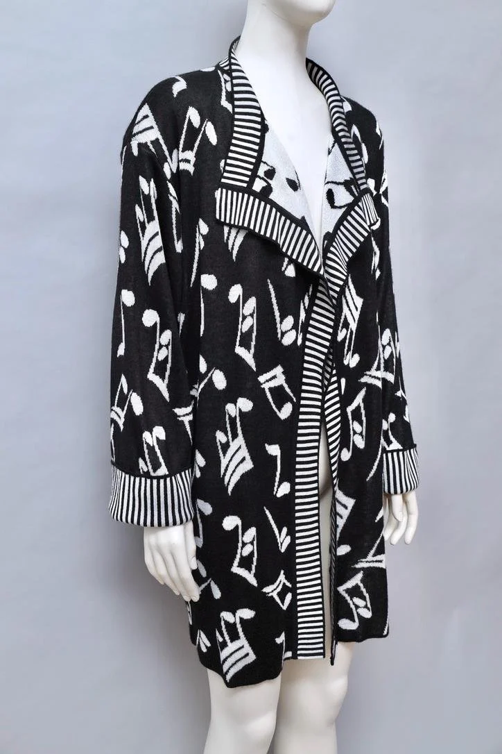 S/S 1989 Patrick Kelly Paris black and white musical note knit cardigan