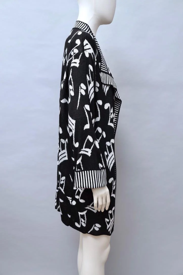 S/S 1989 Patrick Kelly Paris black and white musical note knit cardigan