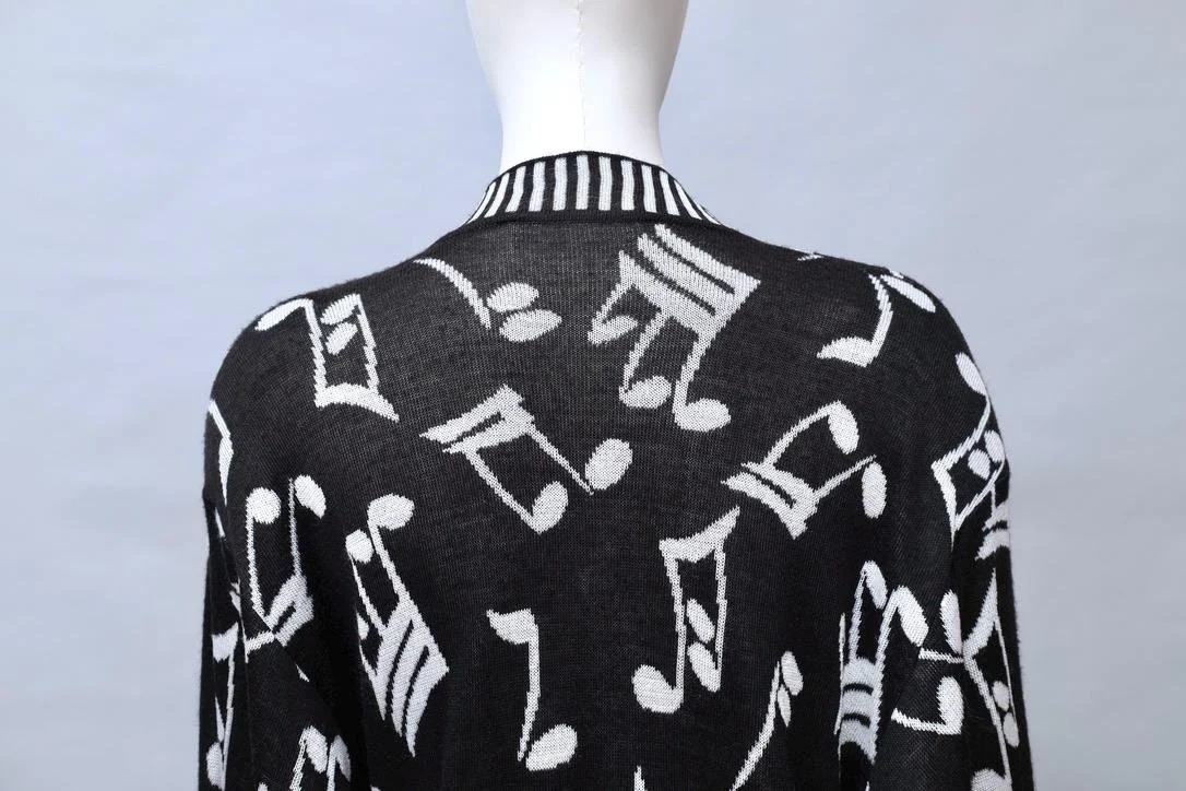S/S 1989 Patrick Kelly Paris black and white musical note knit cardigan back