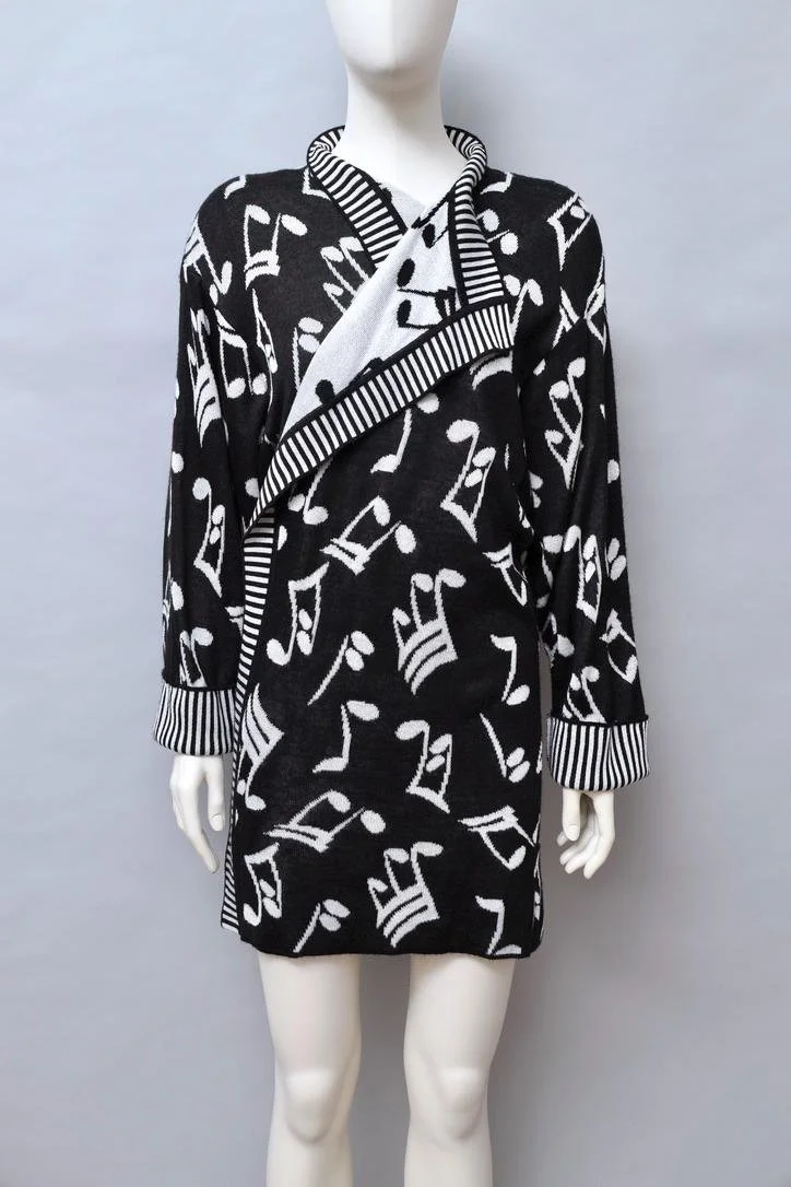 S/S 1989 Patrick Kelly Paris black and white musical note knit cardigan