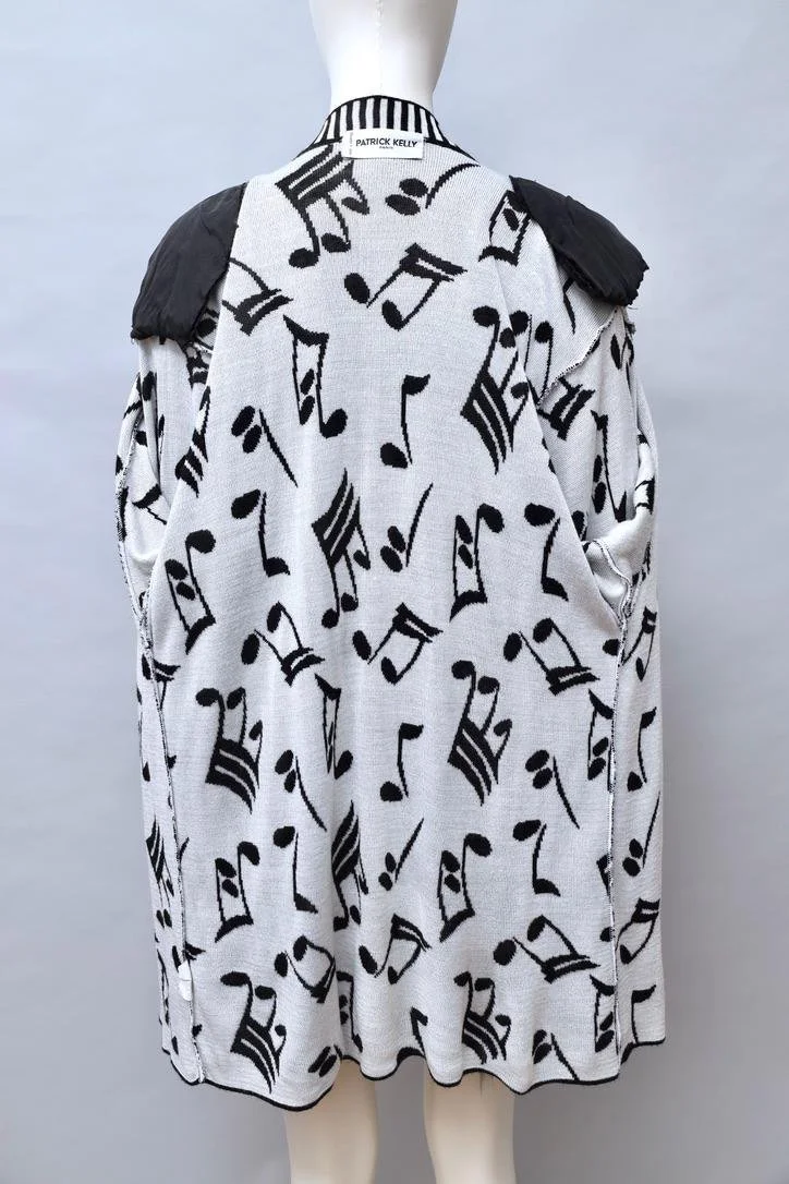 S/S 1989 Patrick Kelly Paris black and white musical note knit cardigan inside