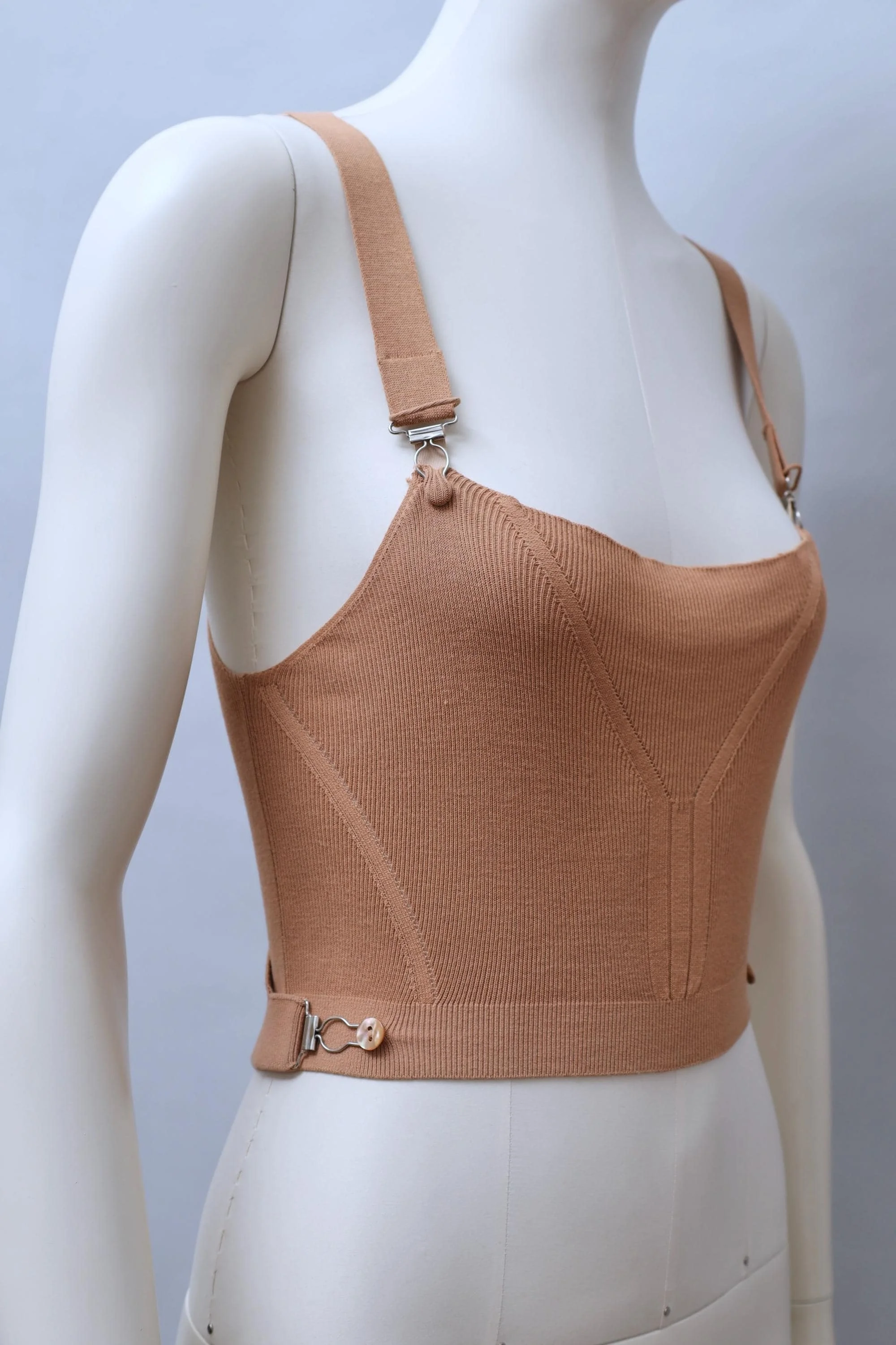 S/S 2004 Jean Paul Gaultier tan cropped suspender knit top