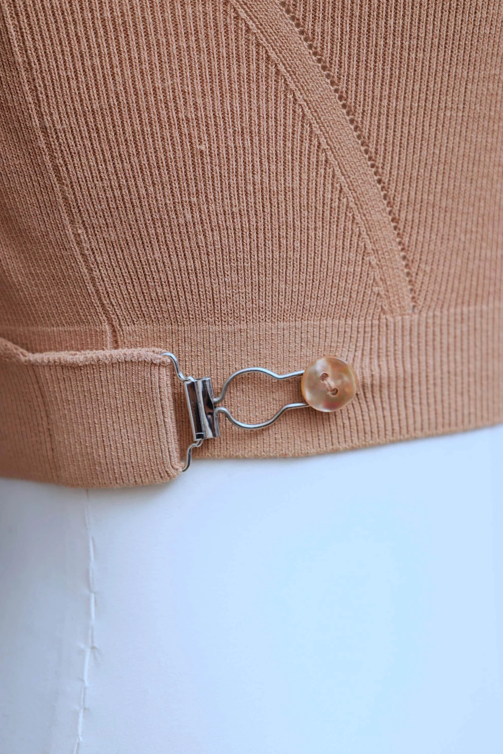 S/S 2004 Jean Paul Gaultier tan cropped suspender knit top detail