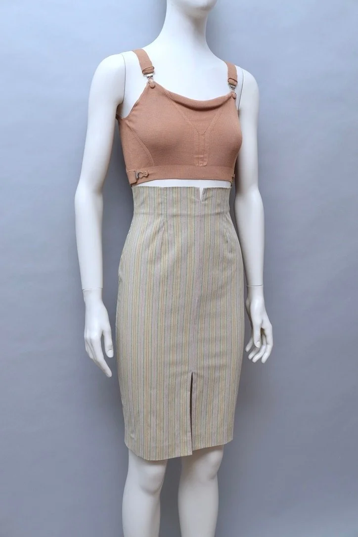 S/S 2004 Jean Paul Gaultier tan cropped suspender knit top
