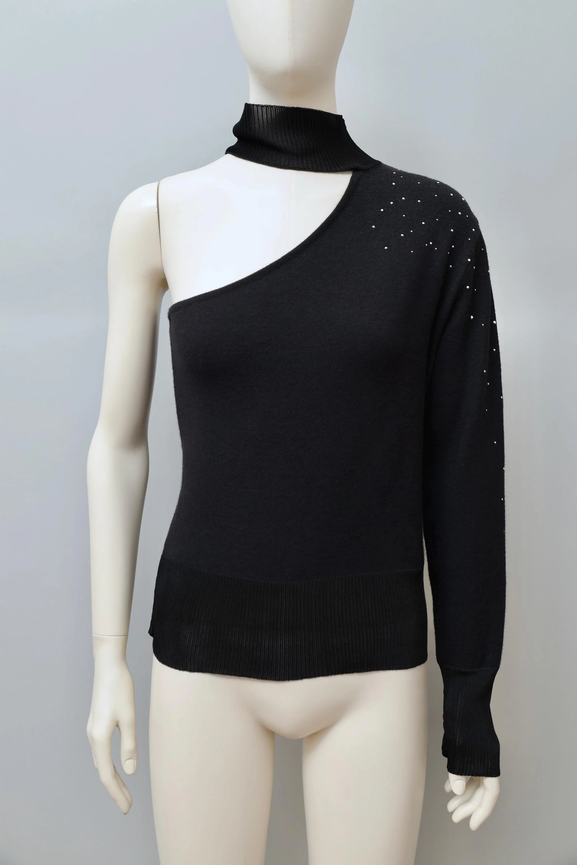 2000s Montana Blu black one sleeve rhinestone knit top