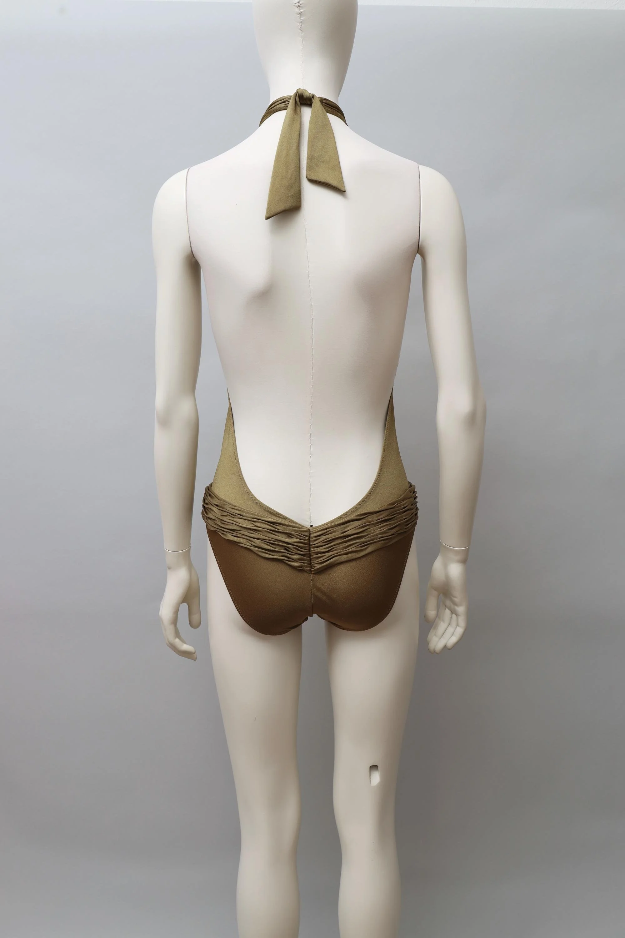1980s deadstock La Perla bronze low cut ruched back swimsuit
