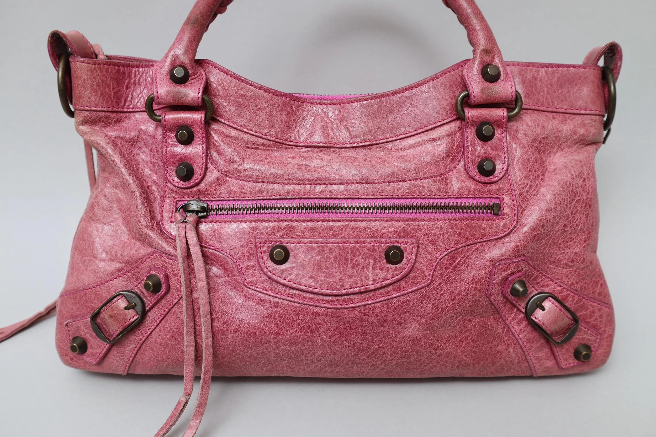 S/S 2008 magenta distressed leather Balenciaga First bag zipper