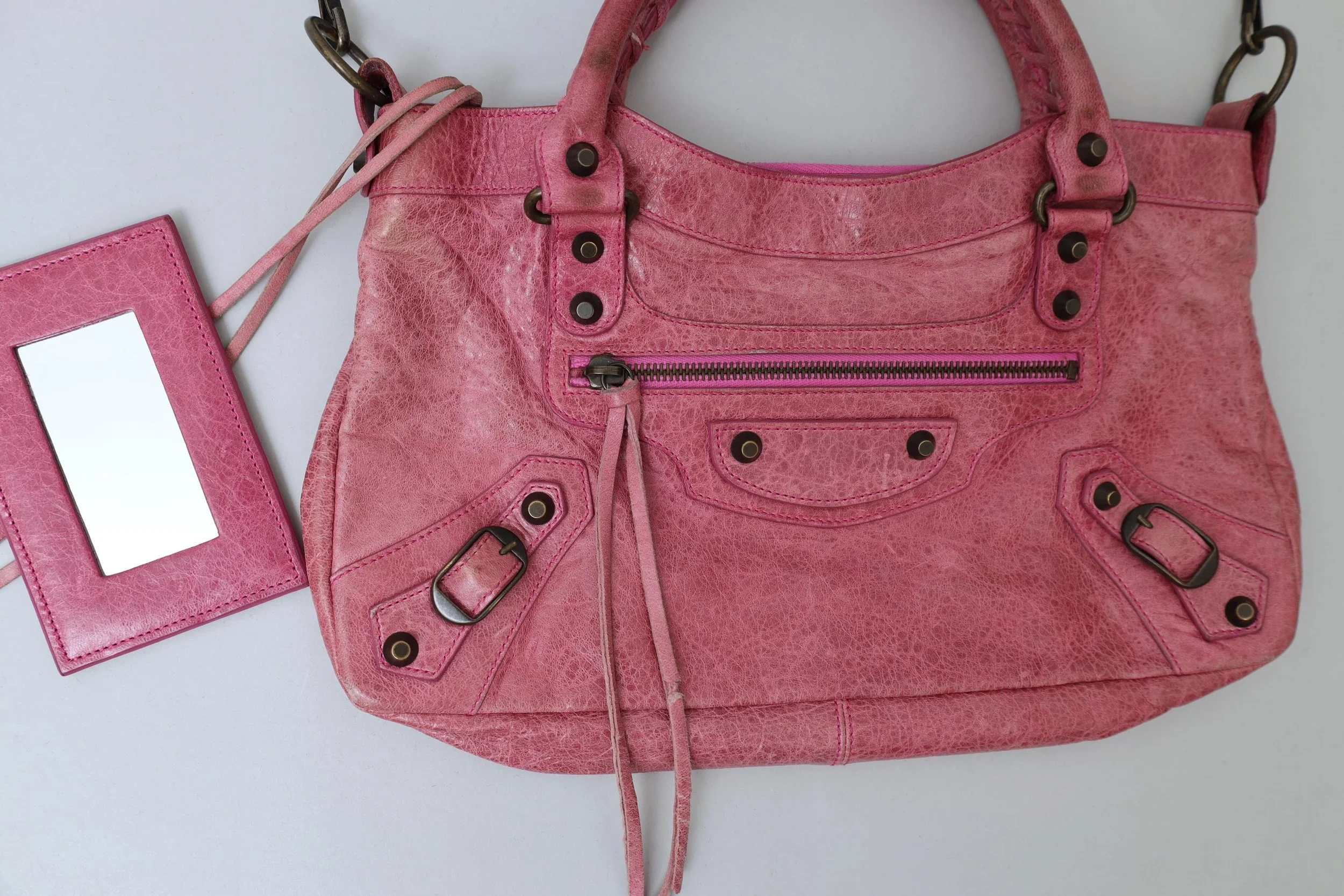 S/S 2008 magenta distressed leather Balenciaga First bag front