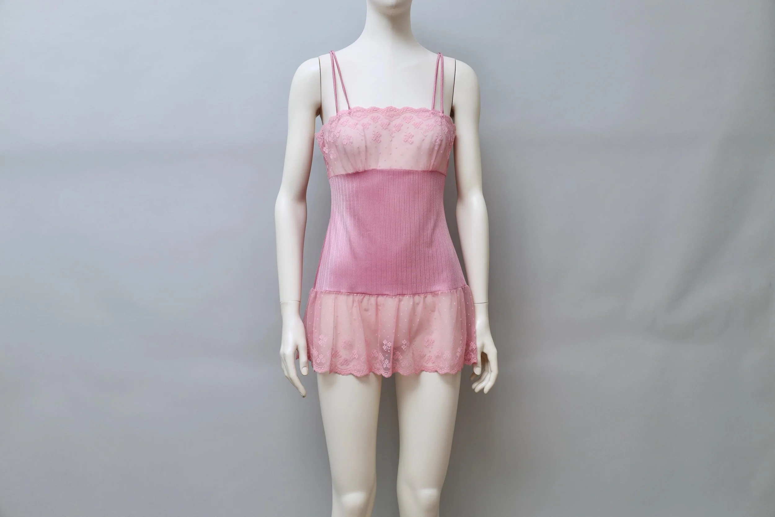1980s Neyret Paris dusty rose nylon lace mini slip dress