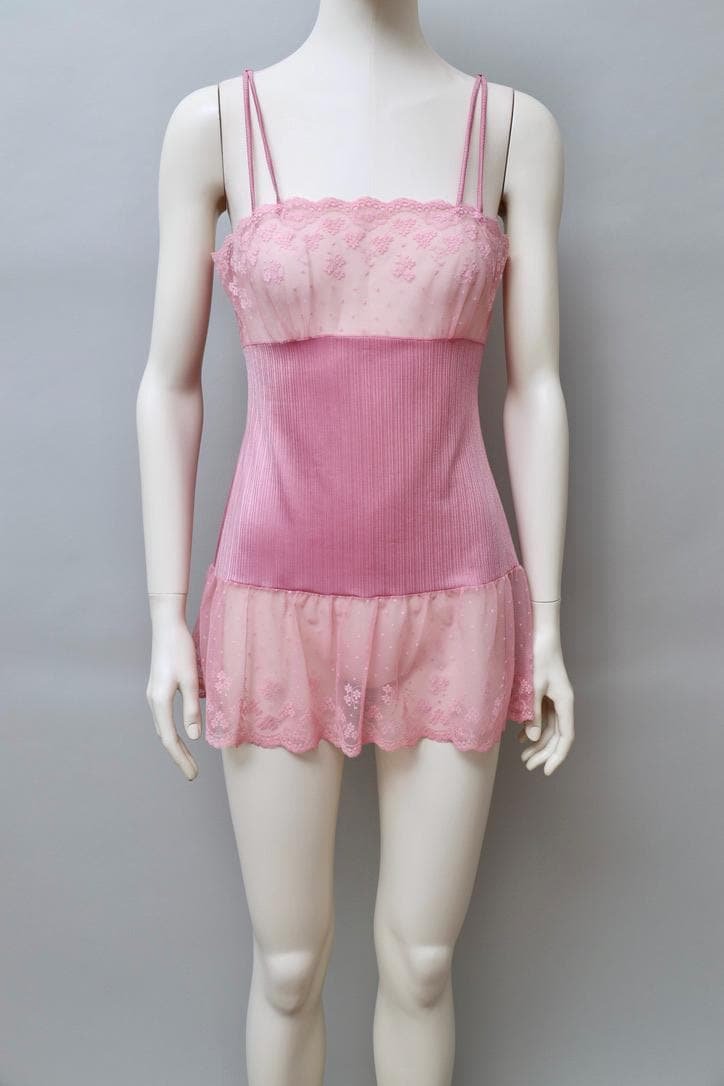 1980s Neyret Paris dusty rose nylon lace mini slip dress