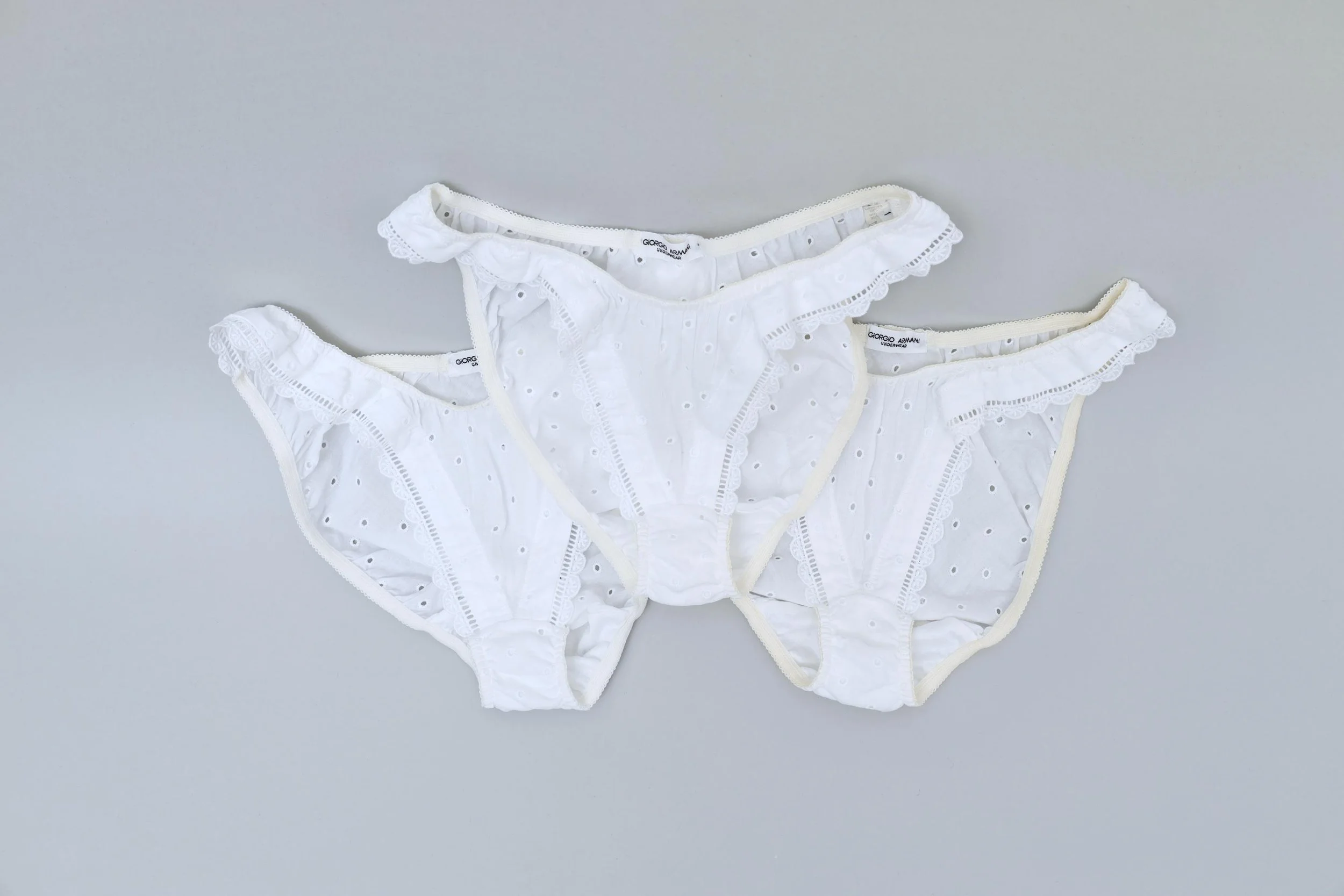 1990s deadstock Giorgio Armani set of three white eyelet cotton panties