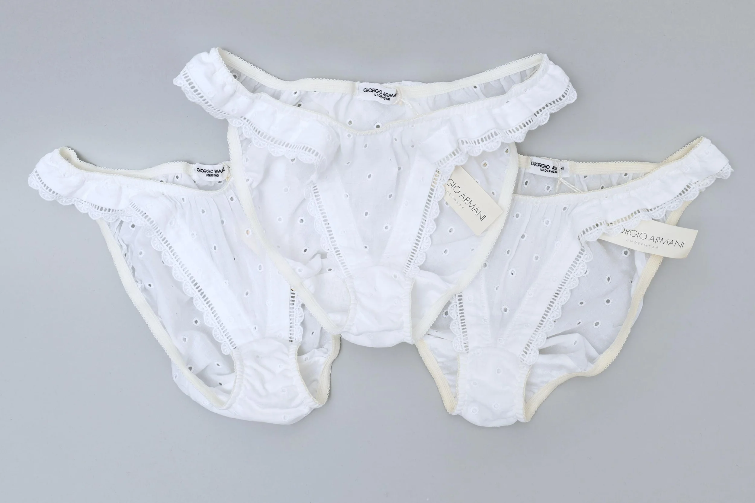 1990s deadstock Giorgio Armani set of three white eyelet cotton panties