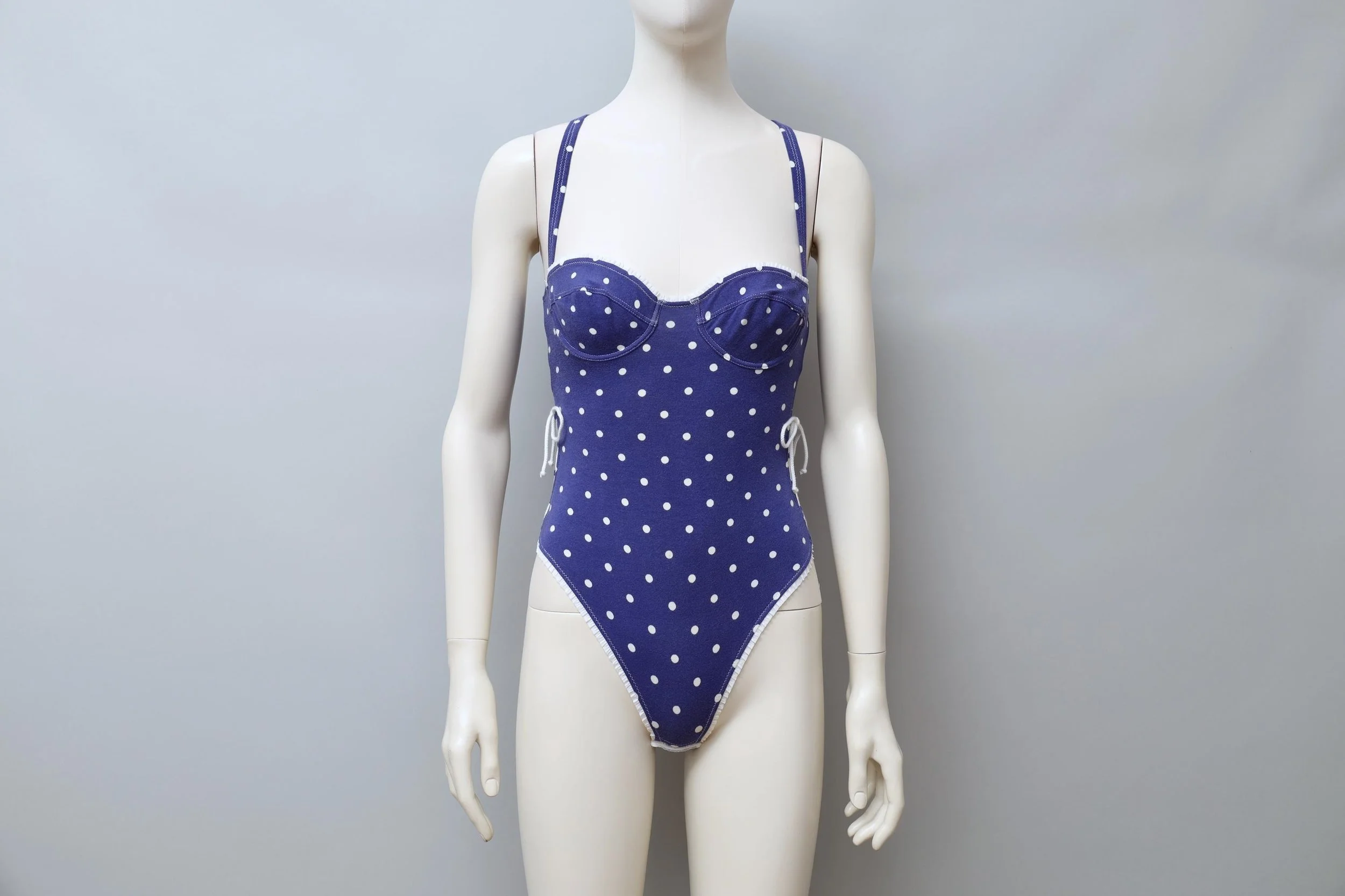 1990s Chantal Thomass blue and white polkadot racerback lace up bodysuit