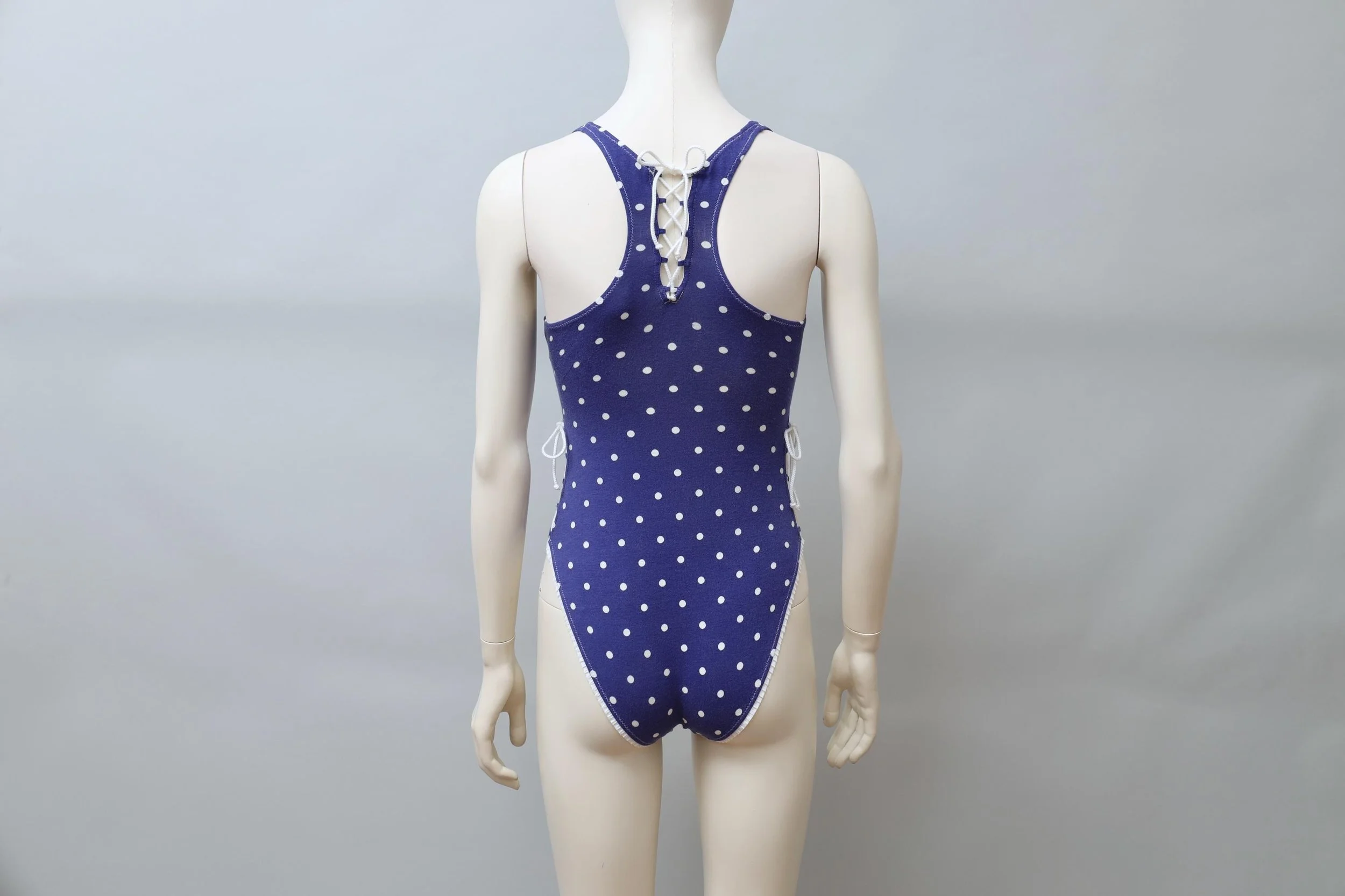 1990s Chantal Thomass blue and white polkadot racerback lace up bodysuit