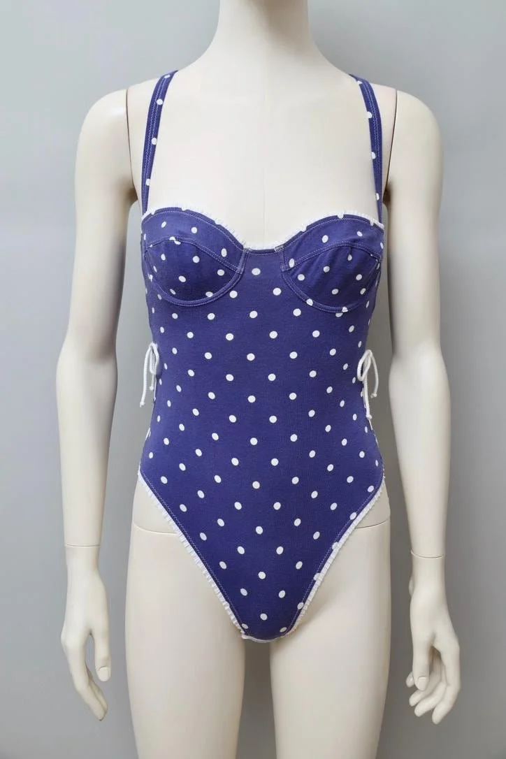 1990s Chantal Thomass blue and white polkadot racerback lace up bodysuit