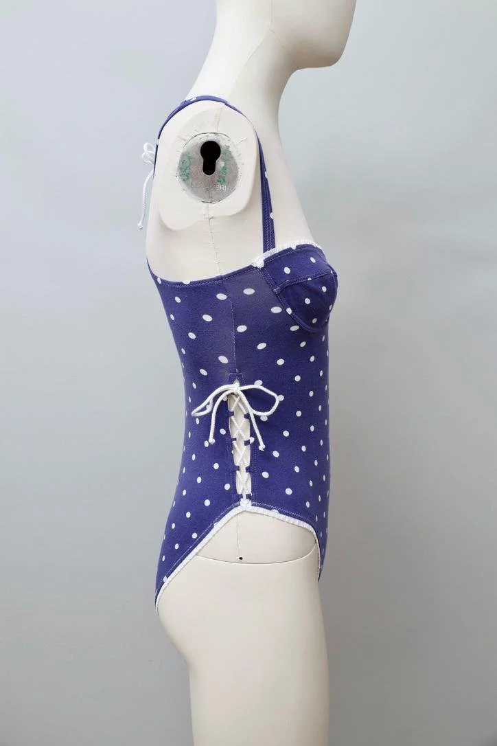 1990s Chantal Thomass blue and white polkadot racerback lace up bodysuit