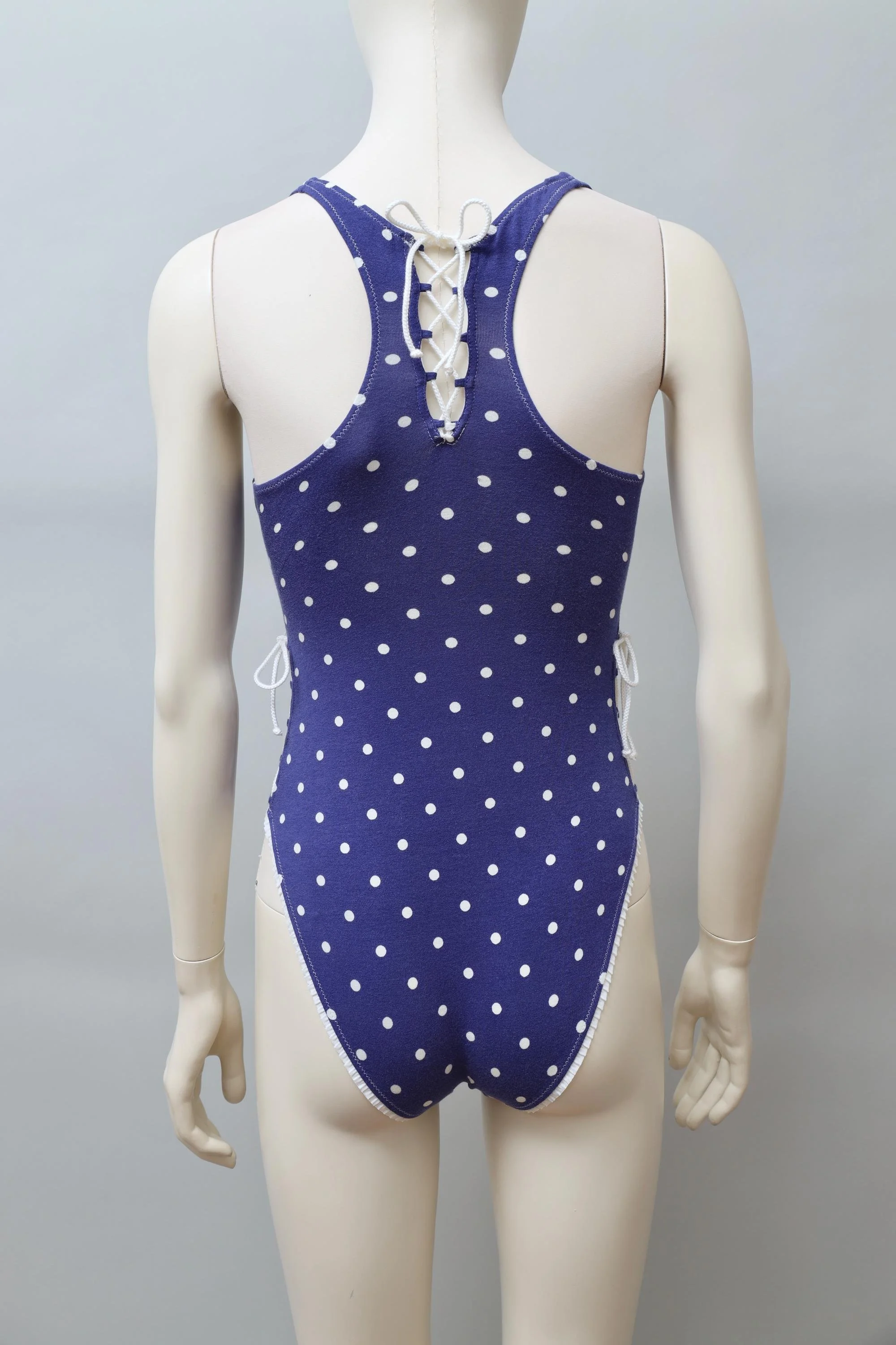 1990s Chantal Thomass blue and white polkadot racerback lace up bodysuit