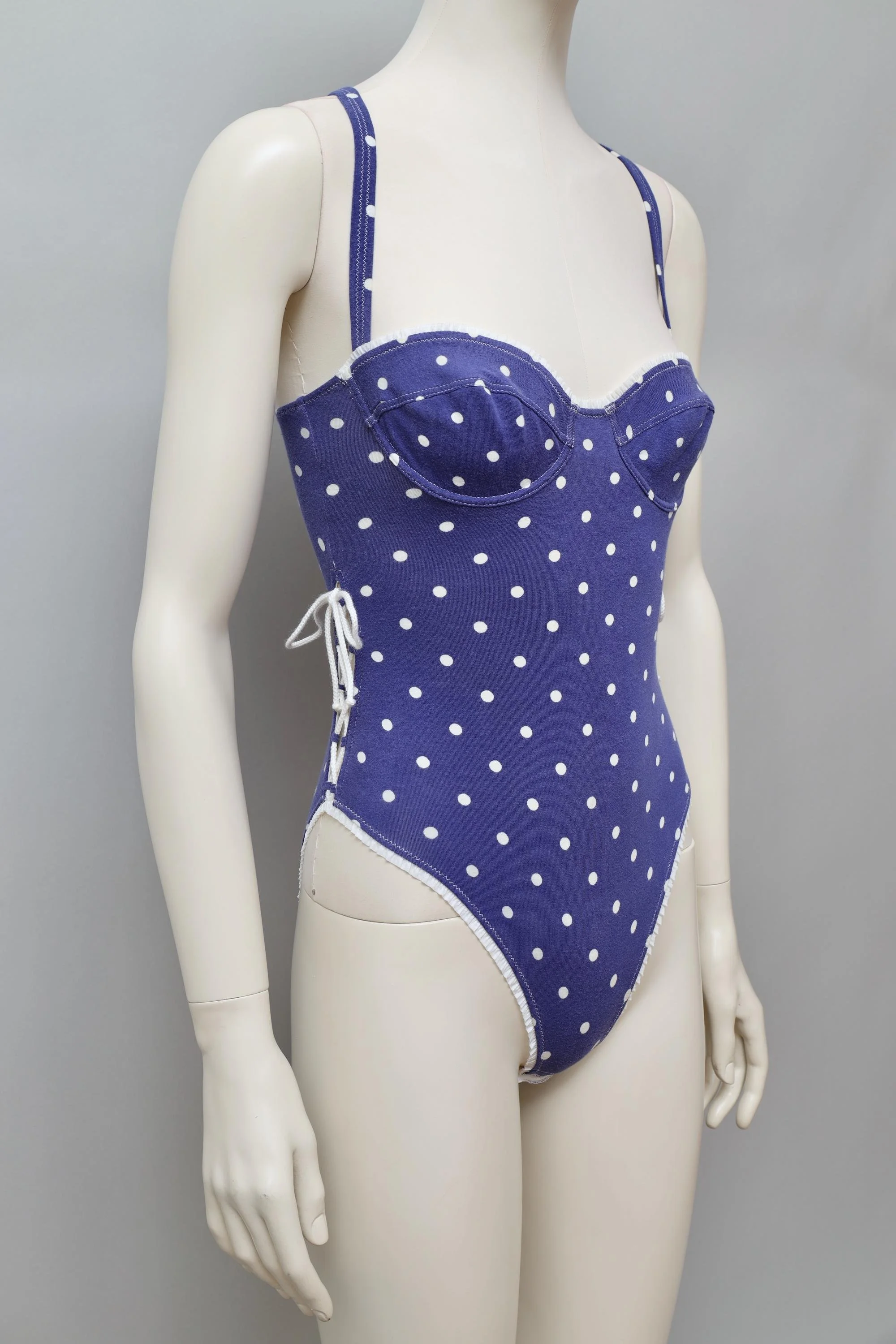1990s Chantal Thomass blue and white polkadot racerback lace up bodysuit
