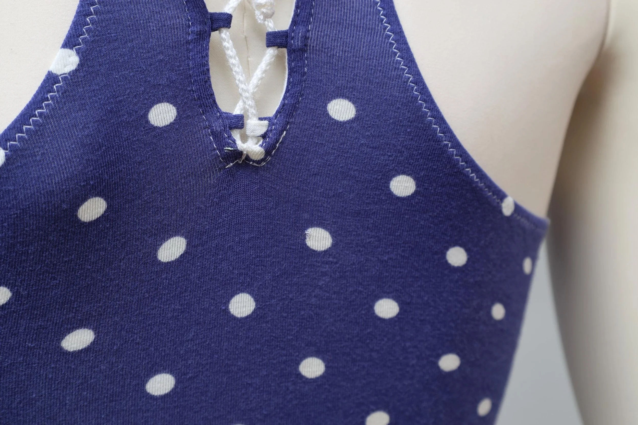 blue and white polkadot racerback detail