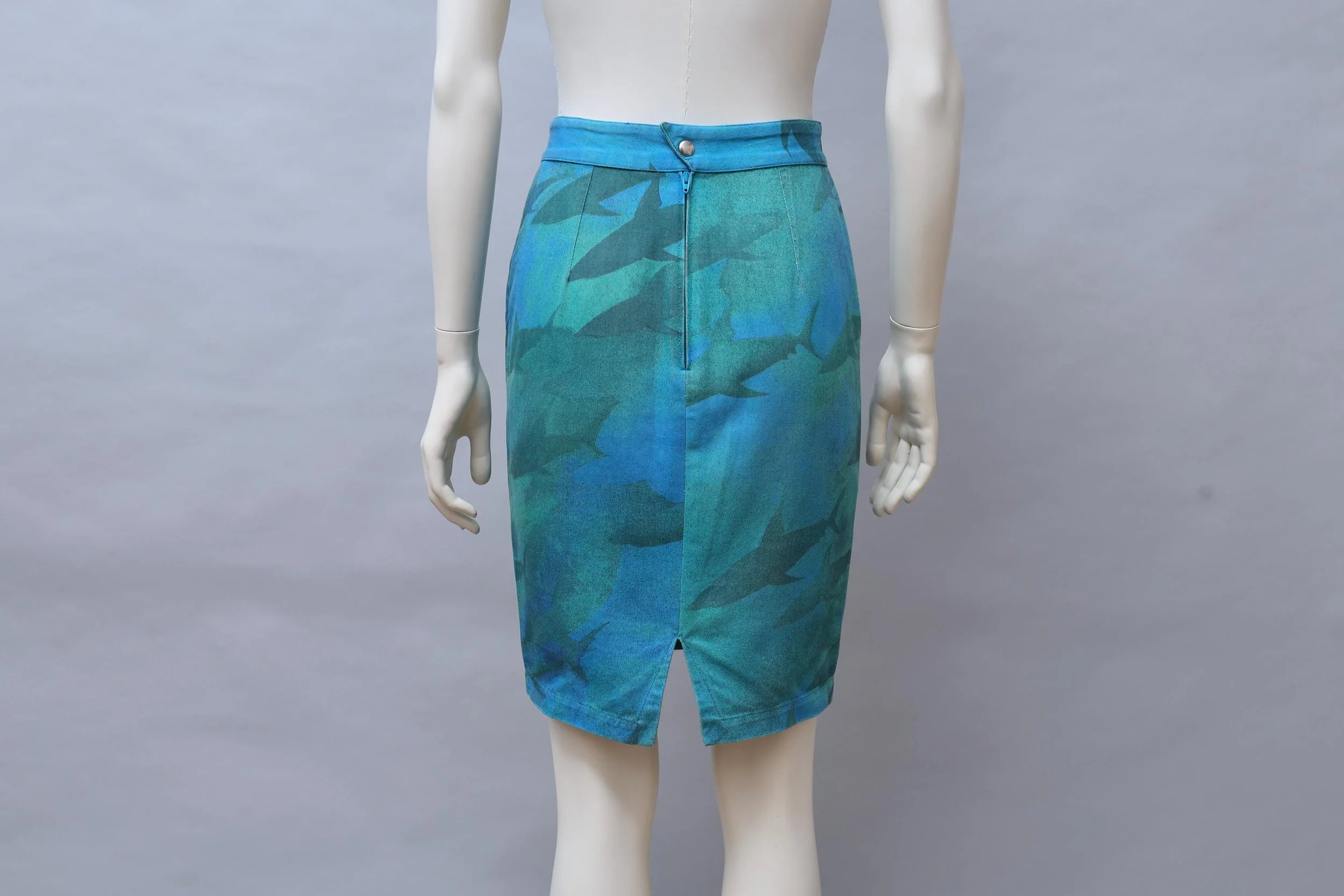late 1980s Thierry Mugler Activ blue shark print pencil skirt