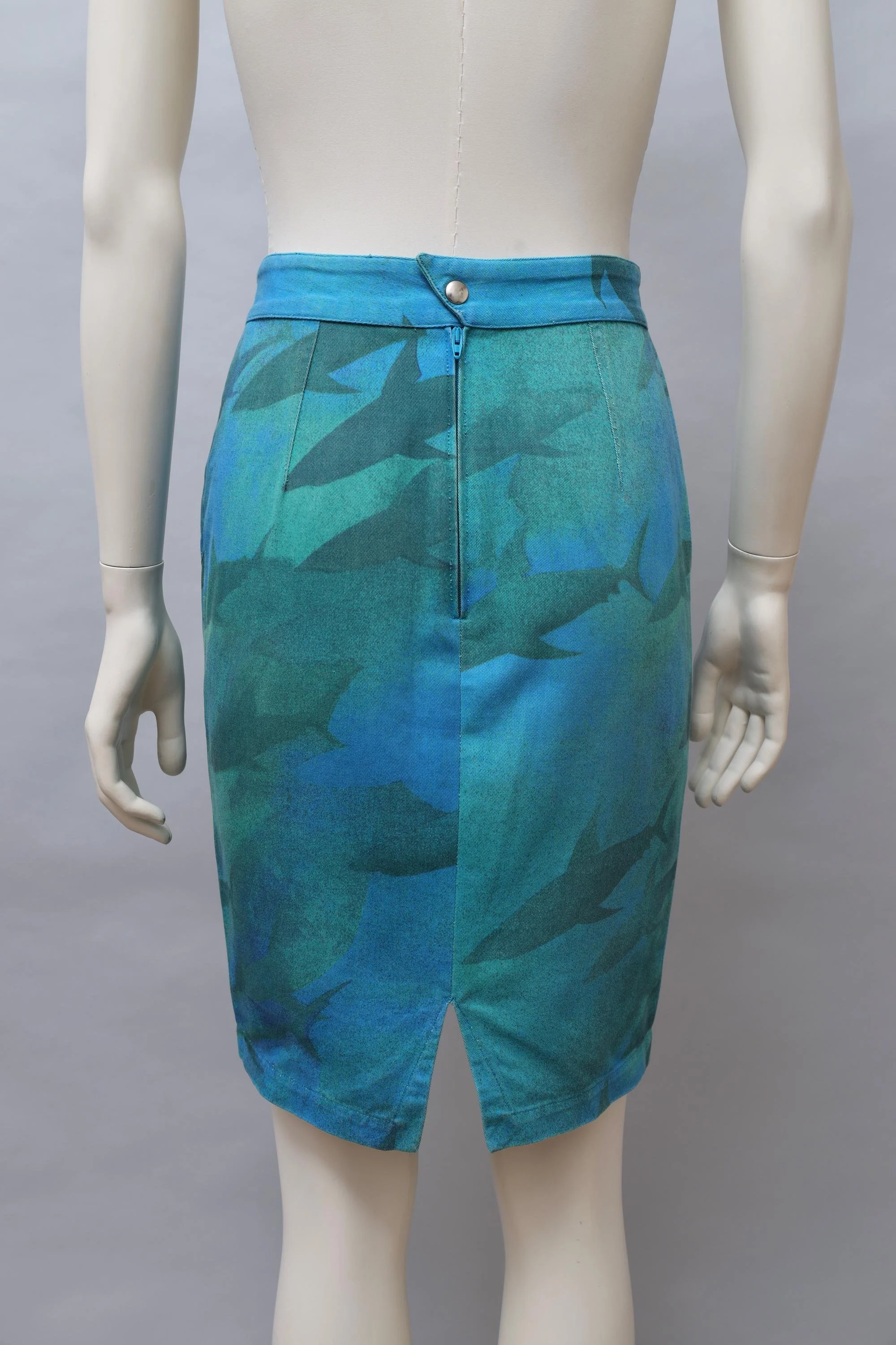 late 1980s Thierry Mugler Activ blue shark print pencil skirt