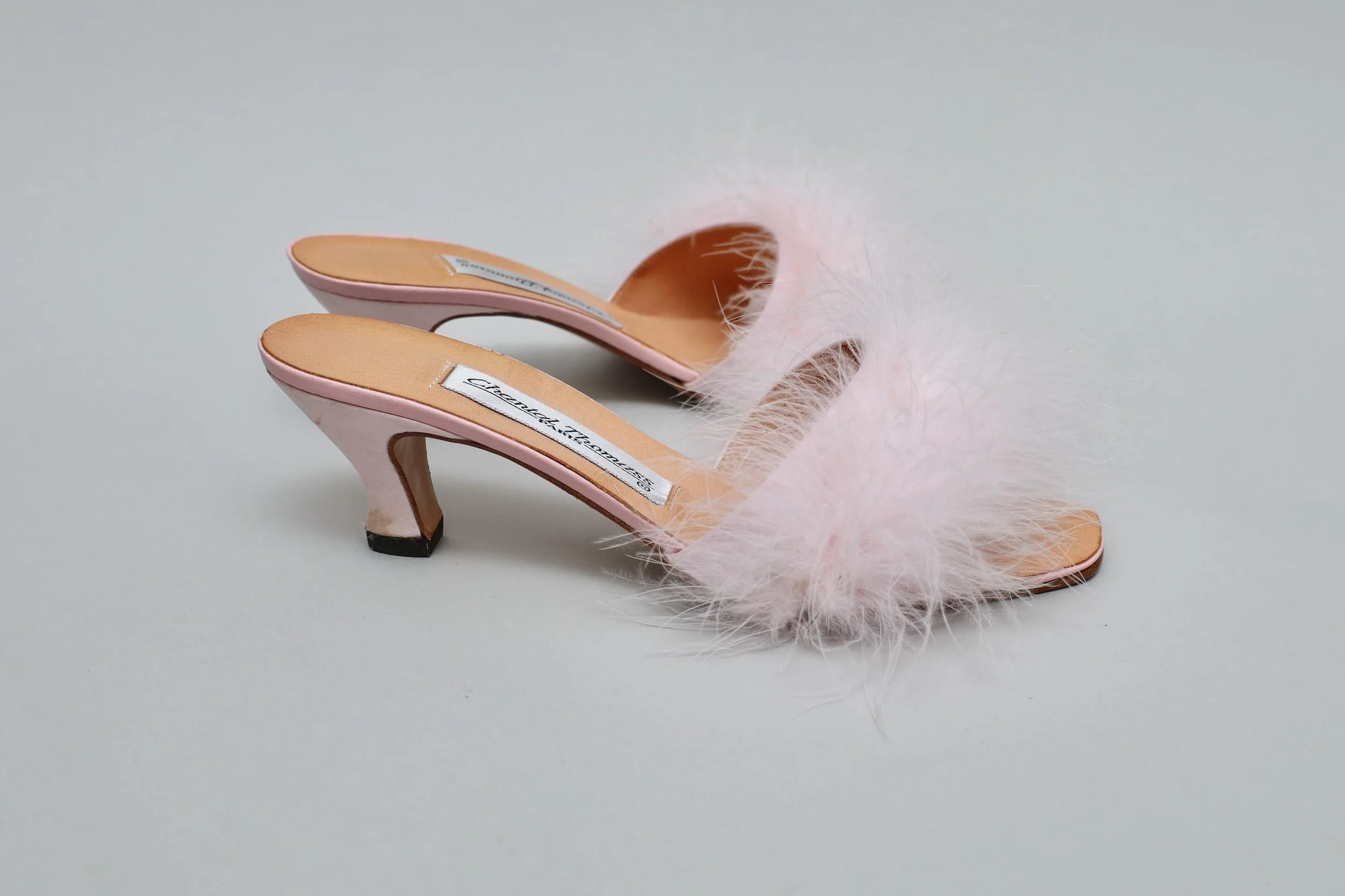 1990s Chantal Thomass powder pink marabou feather silk mules