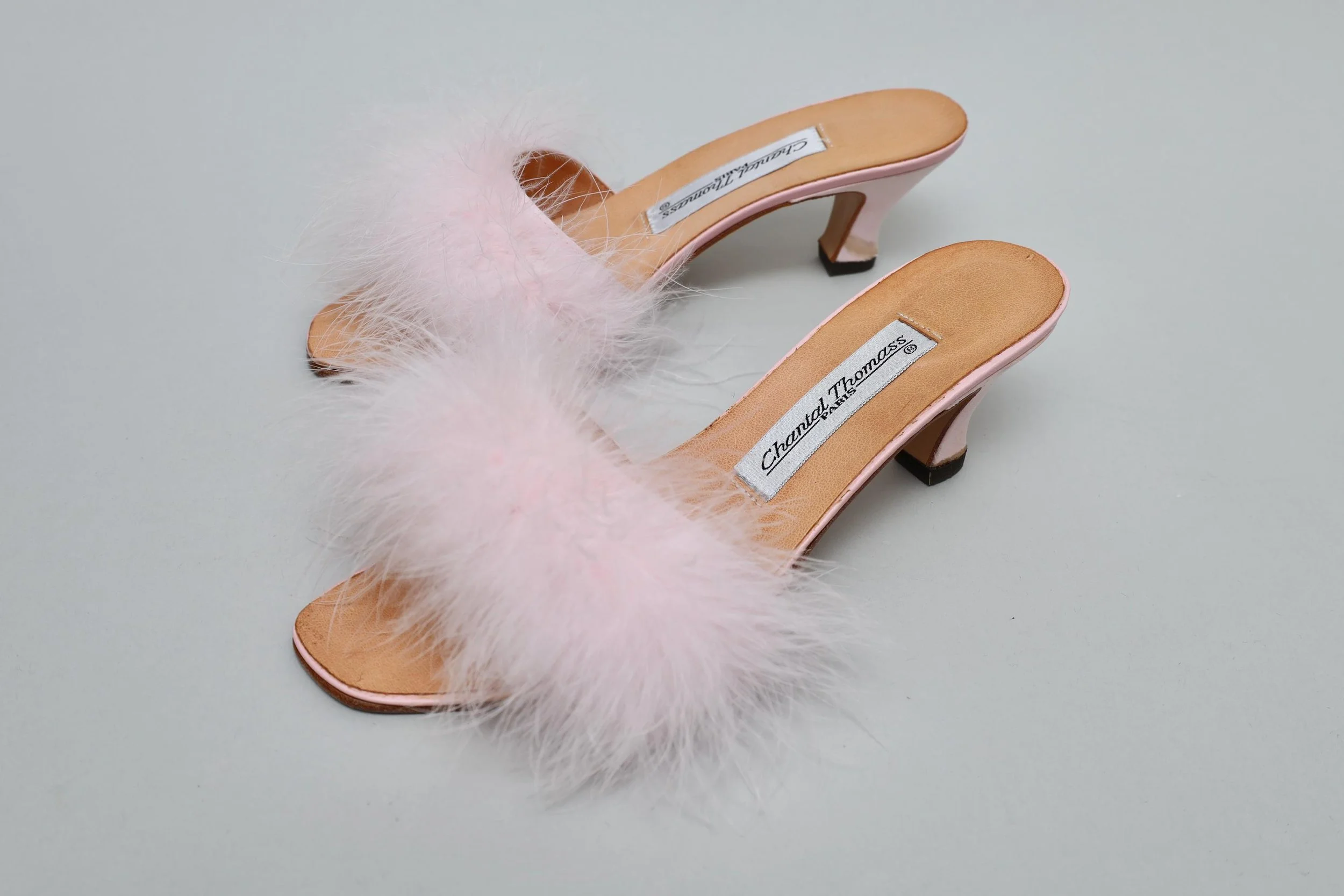 1990s Chantal Thomass powder pink marabou feather silk mules