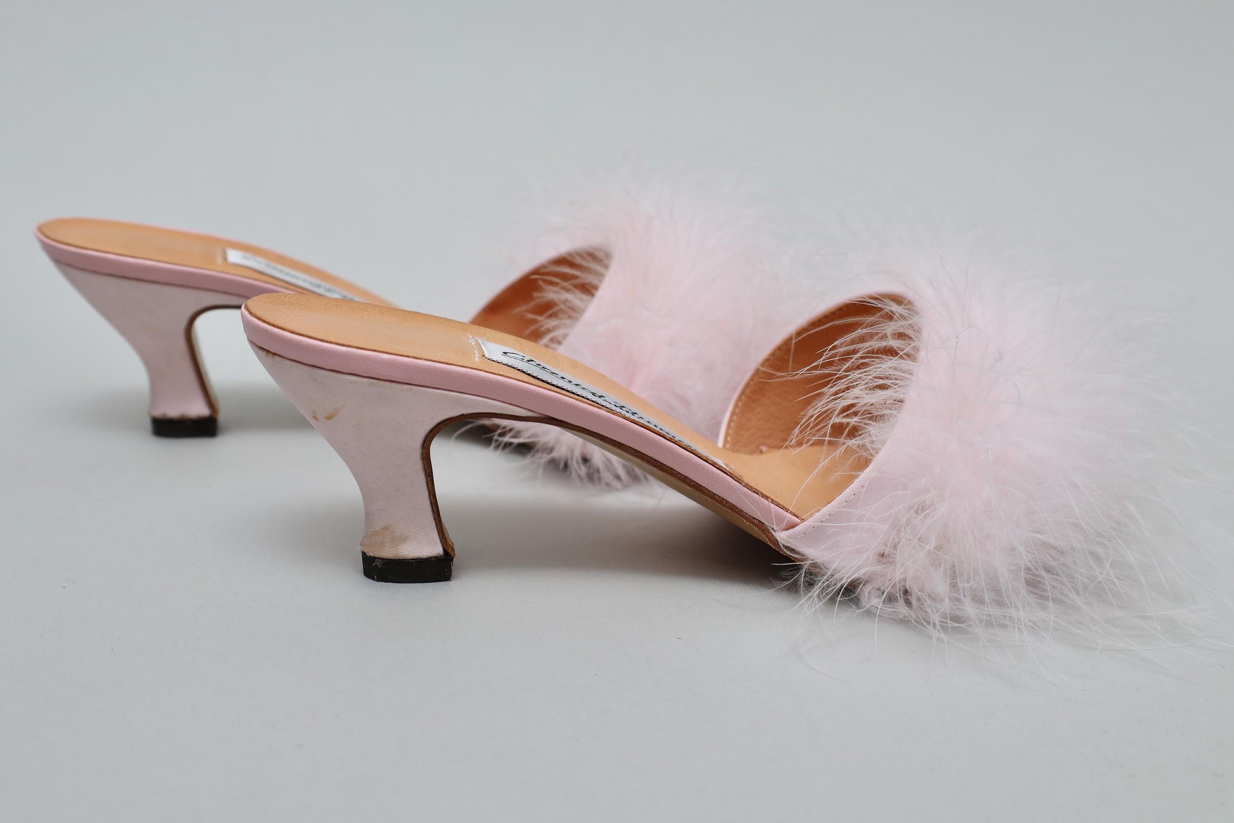 1990s Chantal Thomass powder pink marabou feather silk mules
