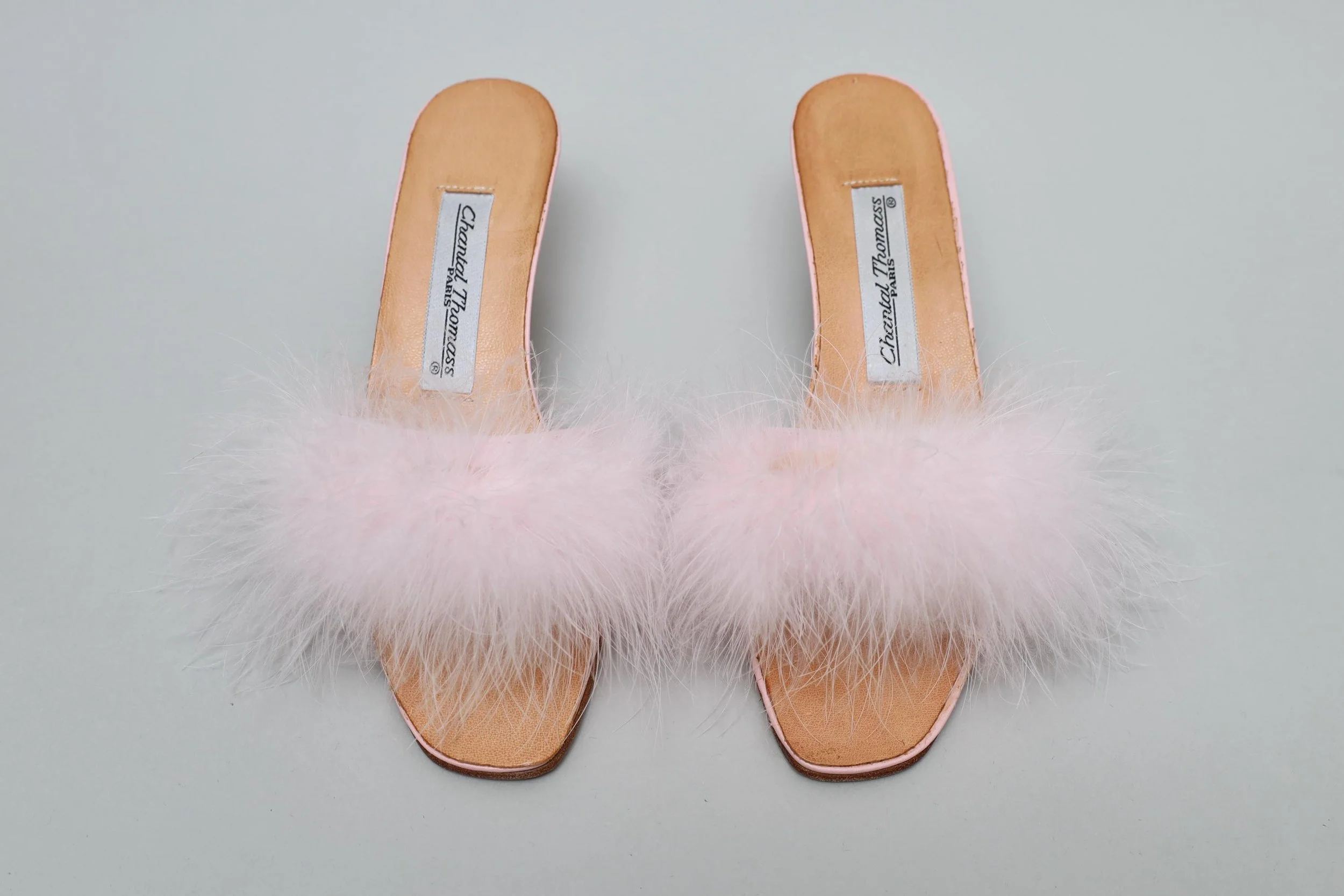 1990s Chantal Thomass powder pink marabou feather silk mules