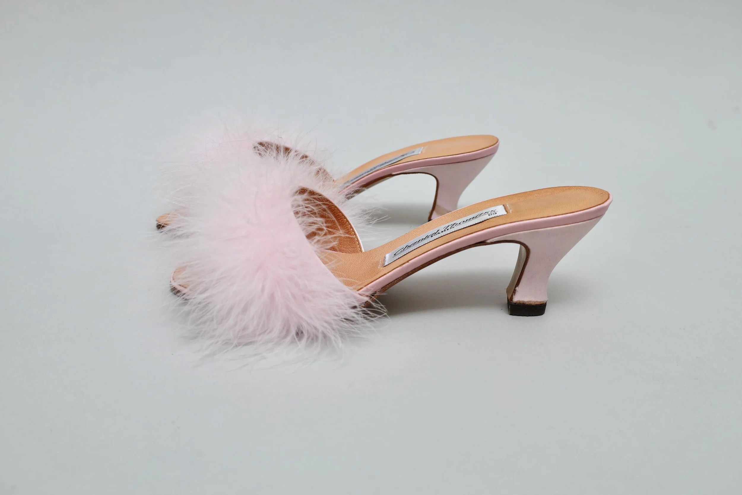 1990s Chantal Thomass powder pink marabou feather silk mules