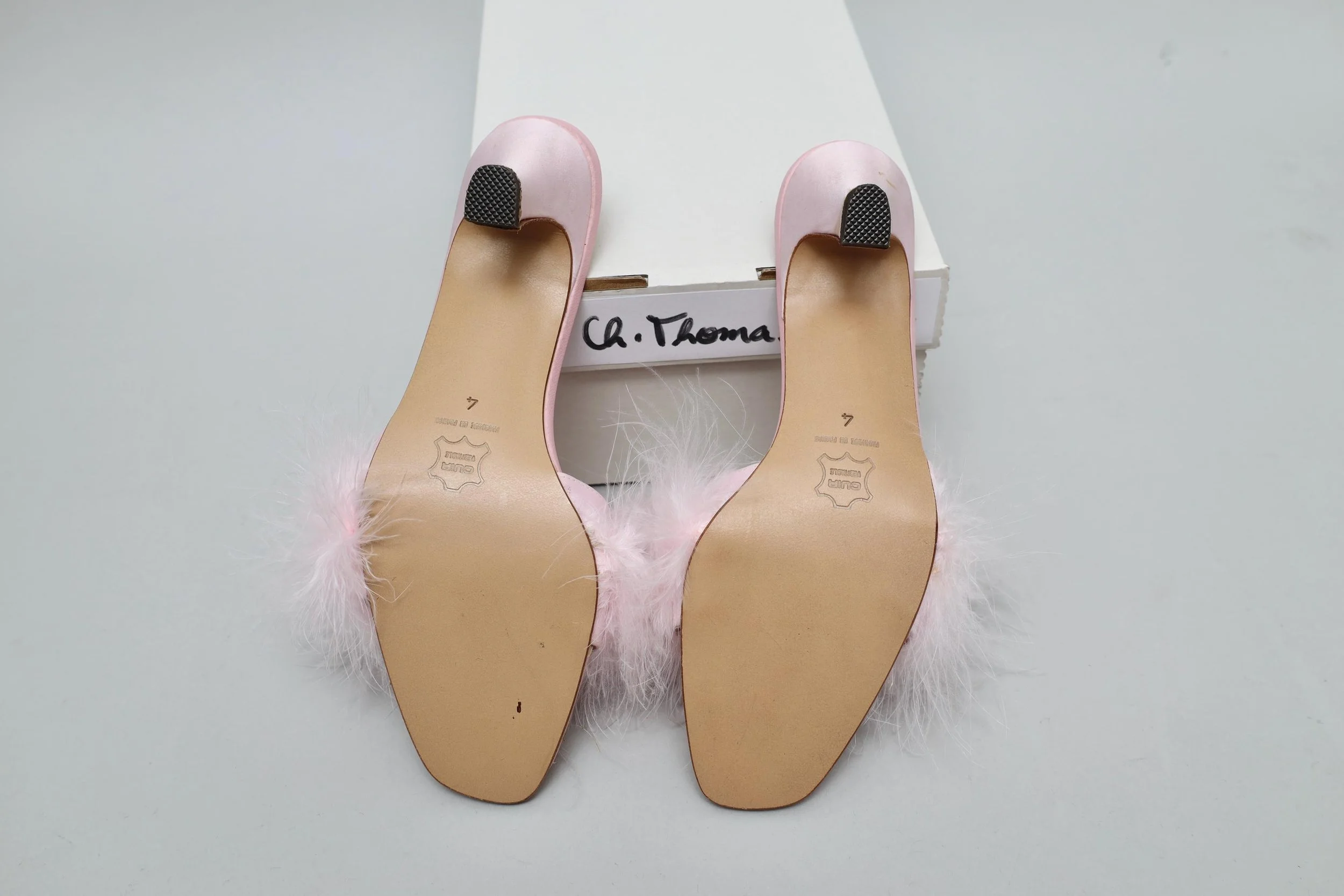 powder pink marabou feather silk mules leather sole