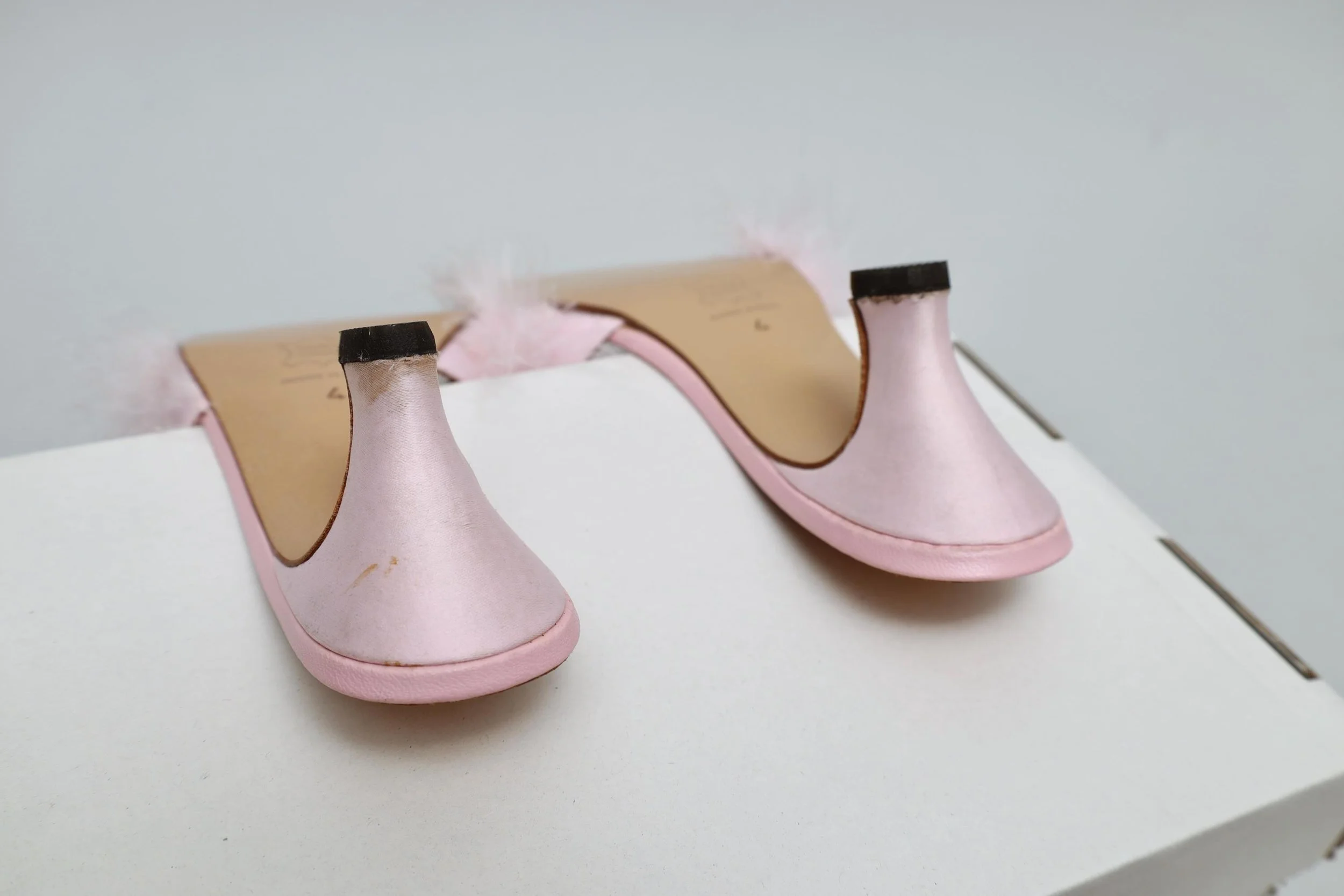 powder pink marabou feather silk mules heels