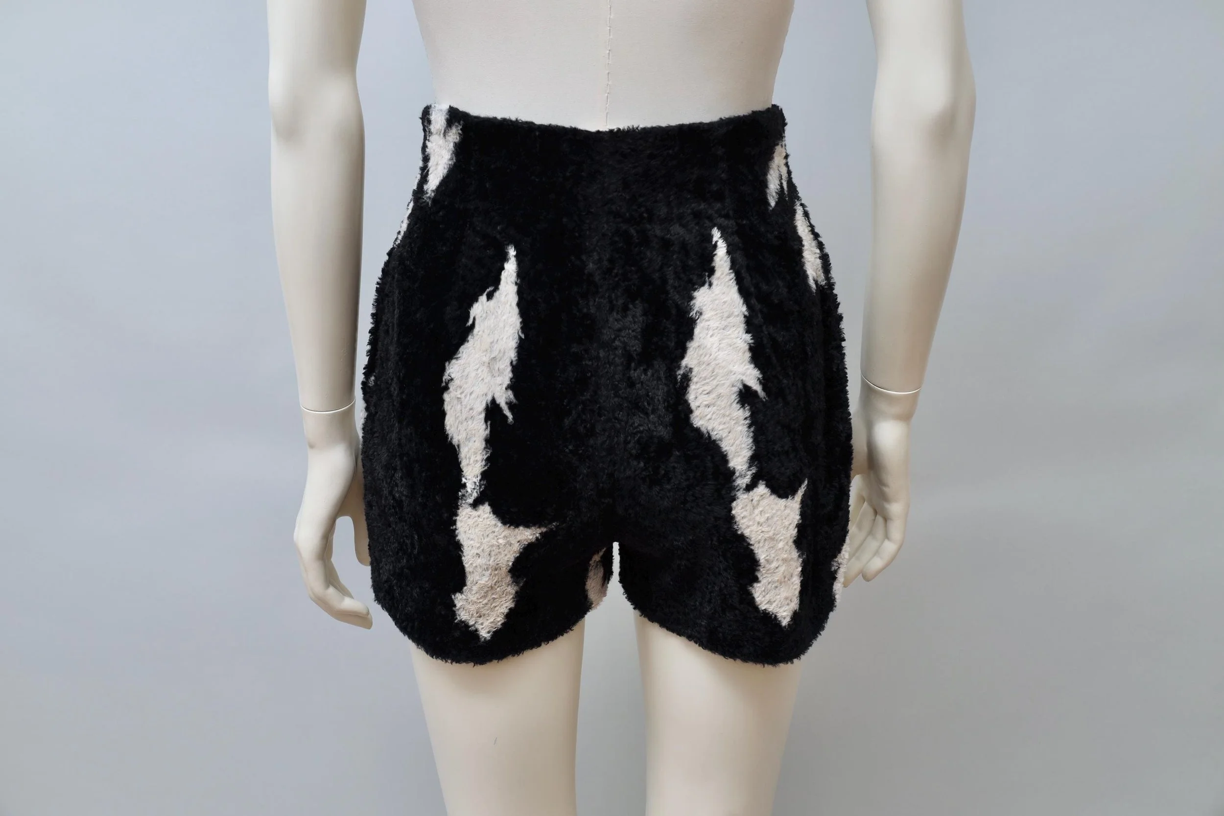 F/W 1990 Chantal Thomass black and white cow pattern faux fur shorts