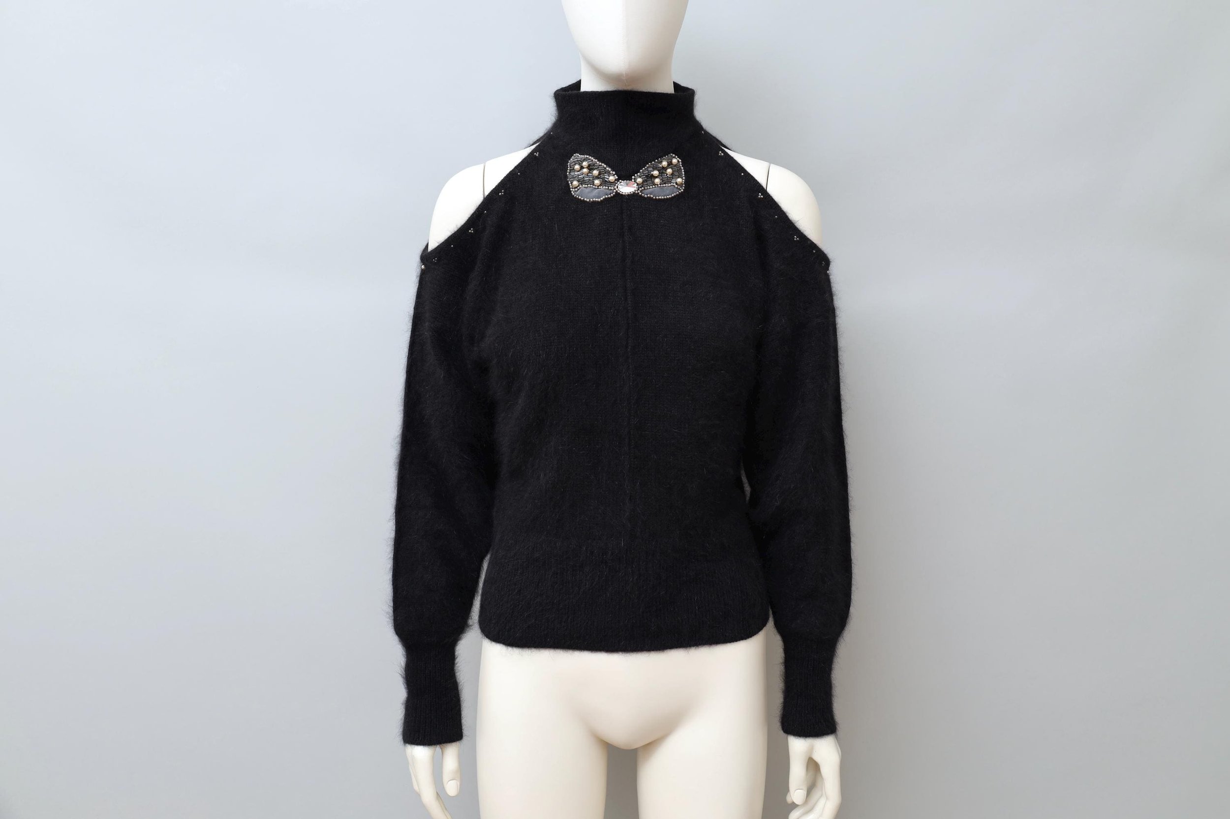 late 1970s / early 1980s Thierry Mugler pearl bow appliqué black angora sweater